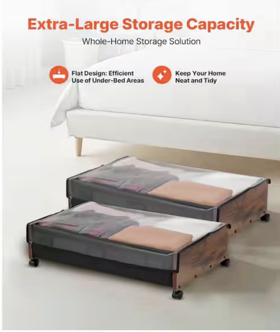 Vevo Under Bed Storage w/ Wheels 25.6×18.1×7.1 Inch Rolling Storage Bags 2 Pack