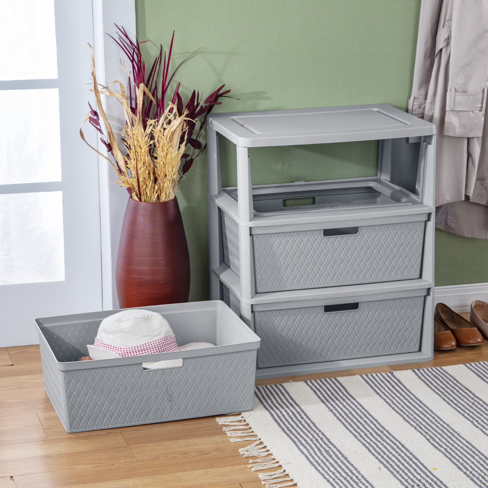 Sterilite Wide 3 Drawer Tower, Plastic Storage Organizer with Removable