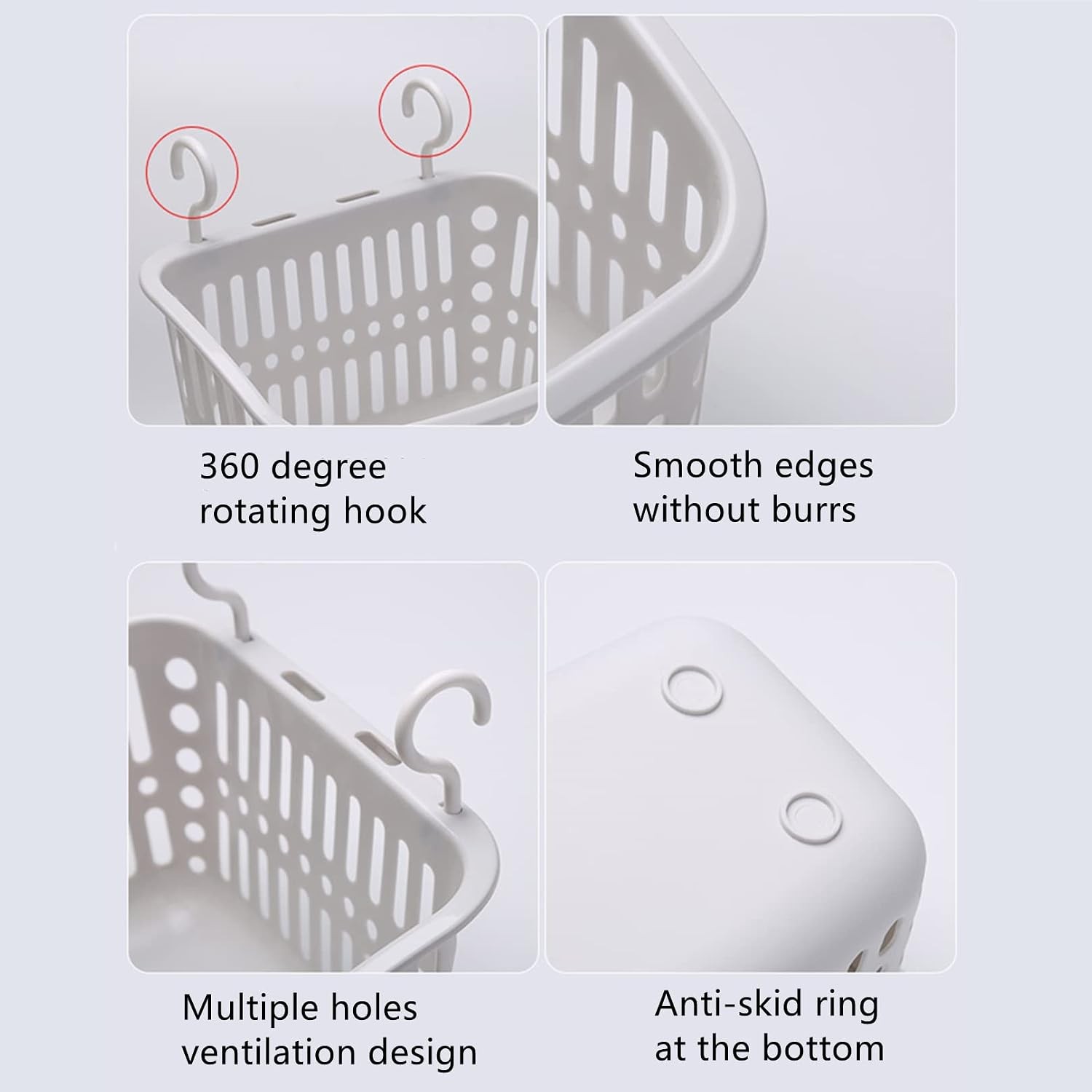 3PCS Grey Hanging Plastic Shower Baskets, Bathroom Storage w/ Hooks