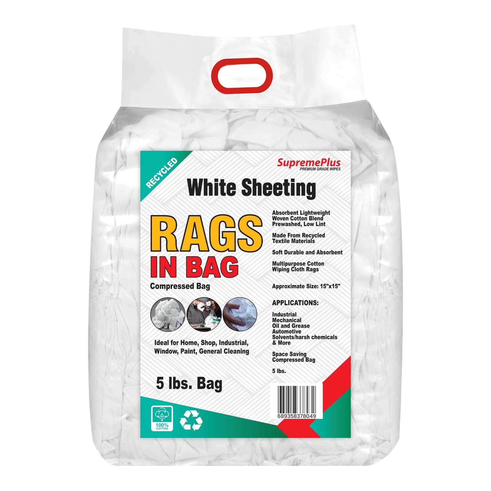 White Sheeting Rags – 15×15″ Bulk Cotton Cleaning Cloths for Shop – Bags