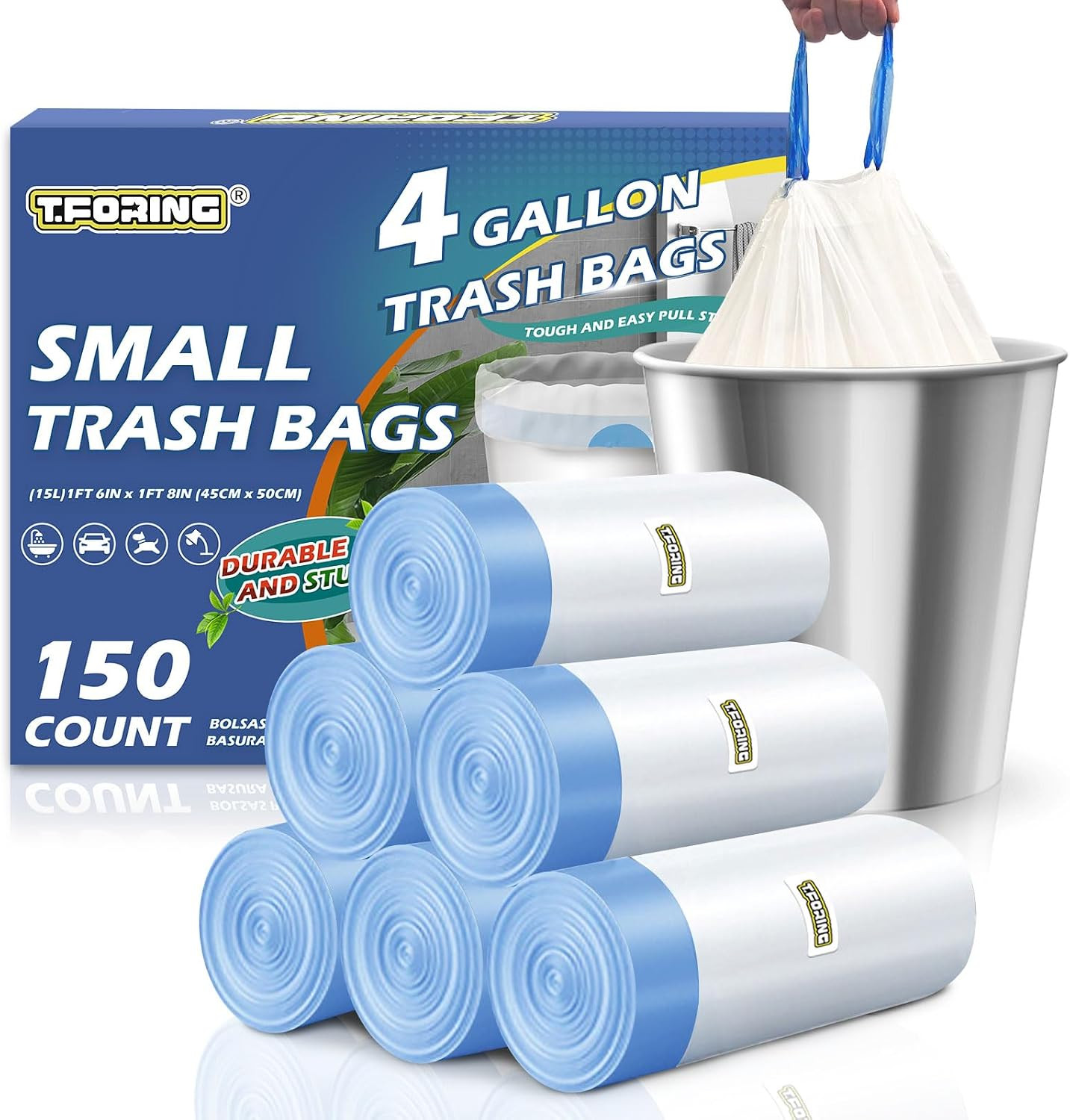 Small Trash Bags 4 Gallon Drawstring,1.1 Mil,Unscented,150 Count | Leakproof,Str