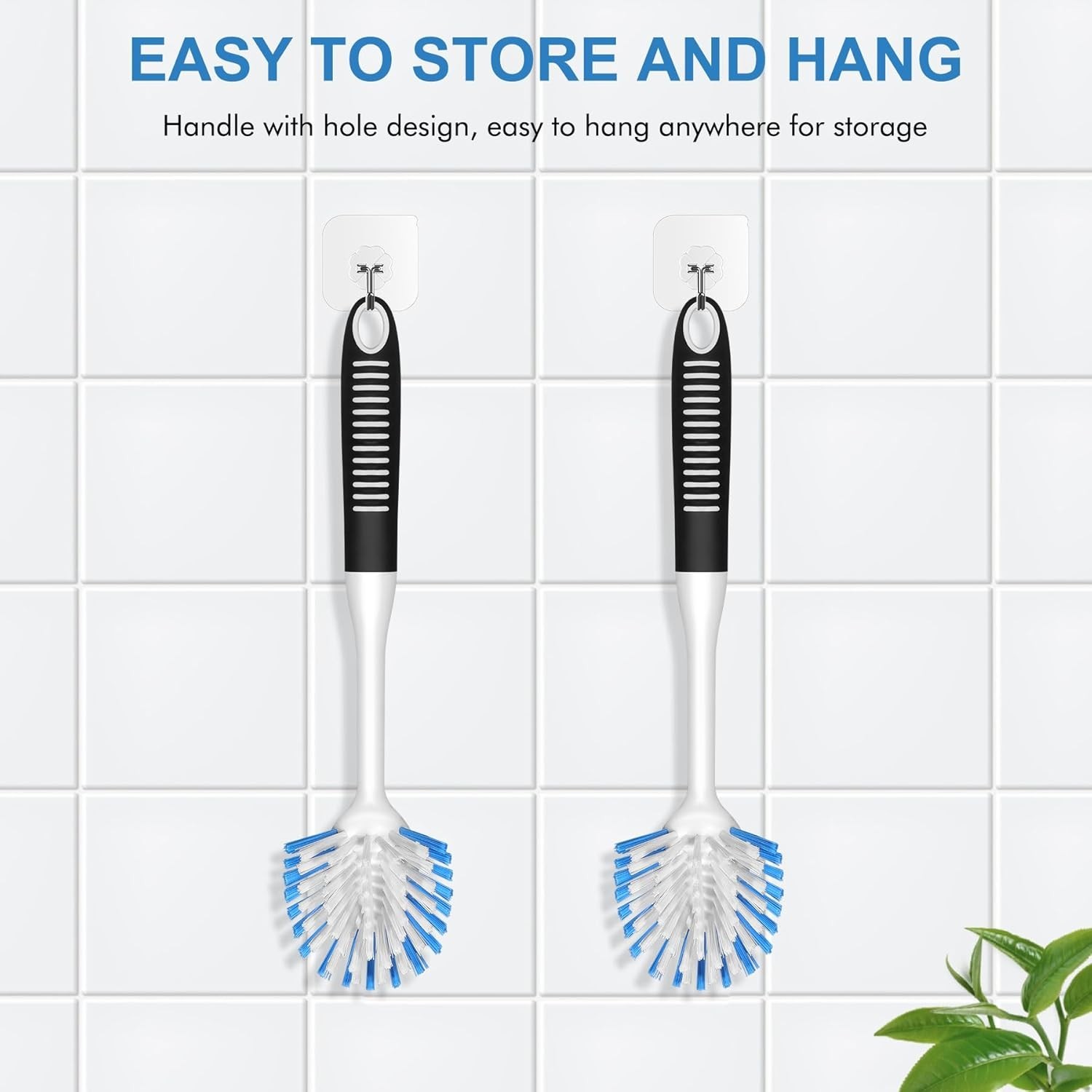 Dish Brush with Handle, 2 Pack Stiff Bristles Dish Scrubber with Built-in Scr…