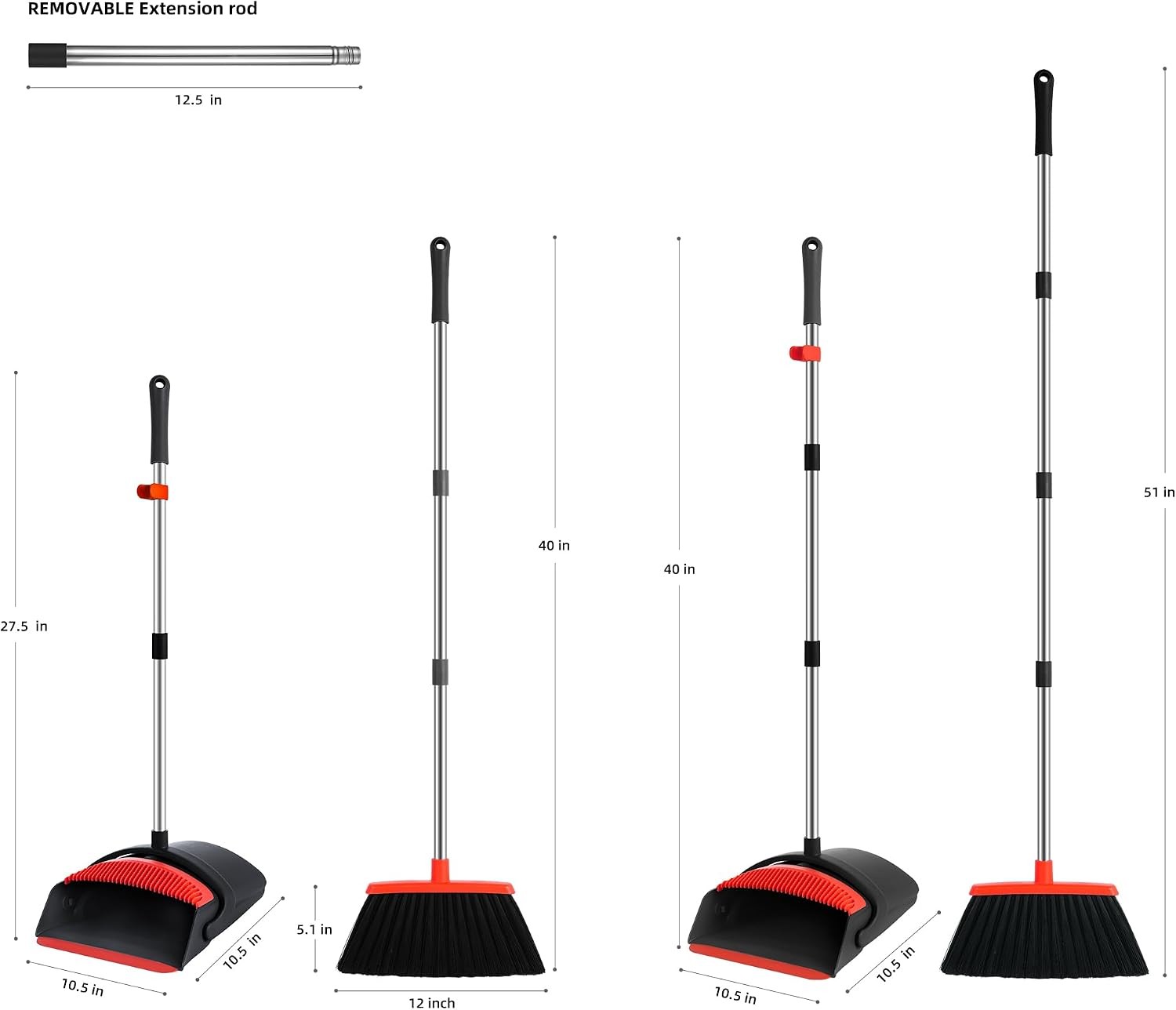 Long Handle Broom & Dustpan Set, Self-Cleaning Teeth, Heavy Duty Indoor/Outdoor