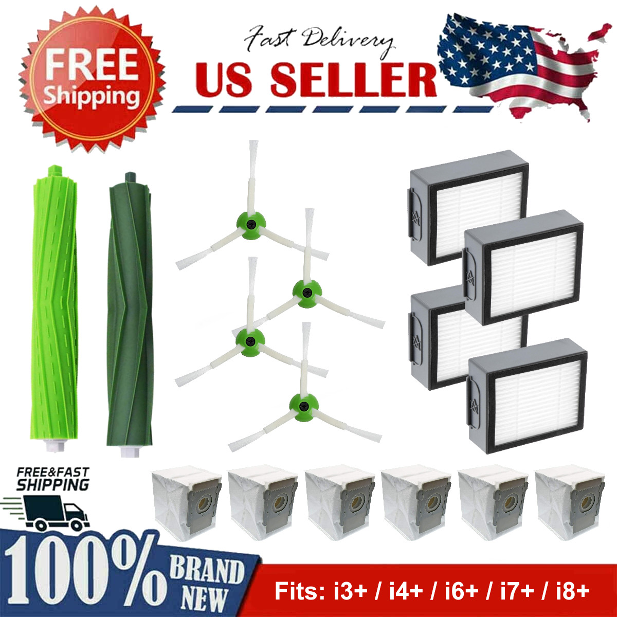 Roller Side Brush Filter Dust Bag Replacement for iRobot Roomba i3+ i4+ Plus
