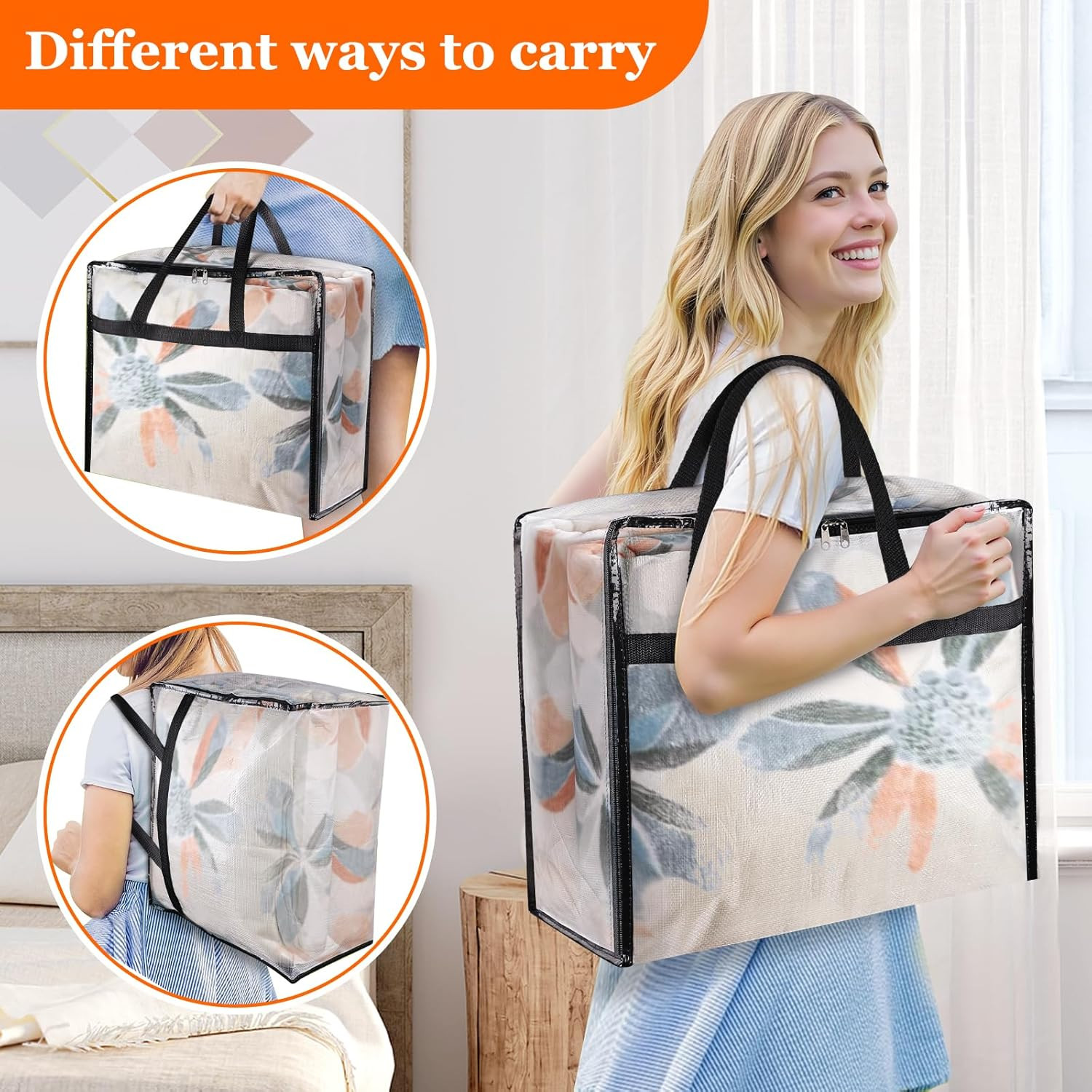 6 Pack Clear Storage Bags for Comforter, Clothes & Bedding, 40L | Plastic Blanke