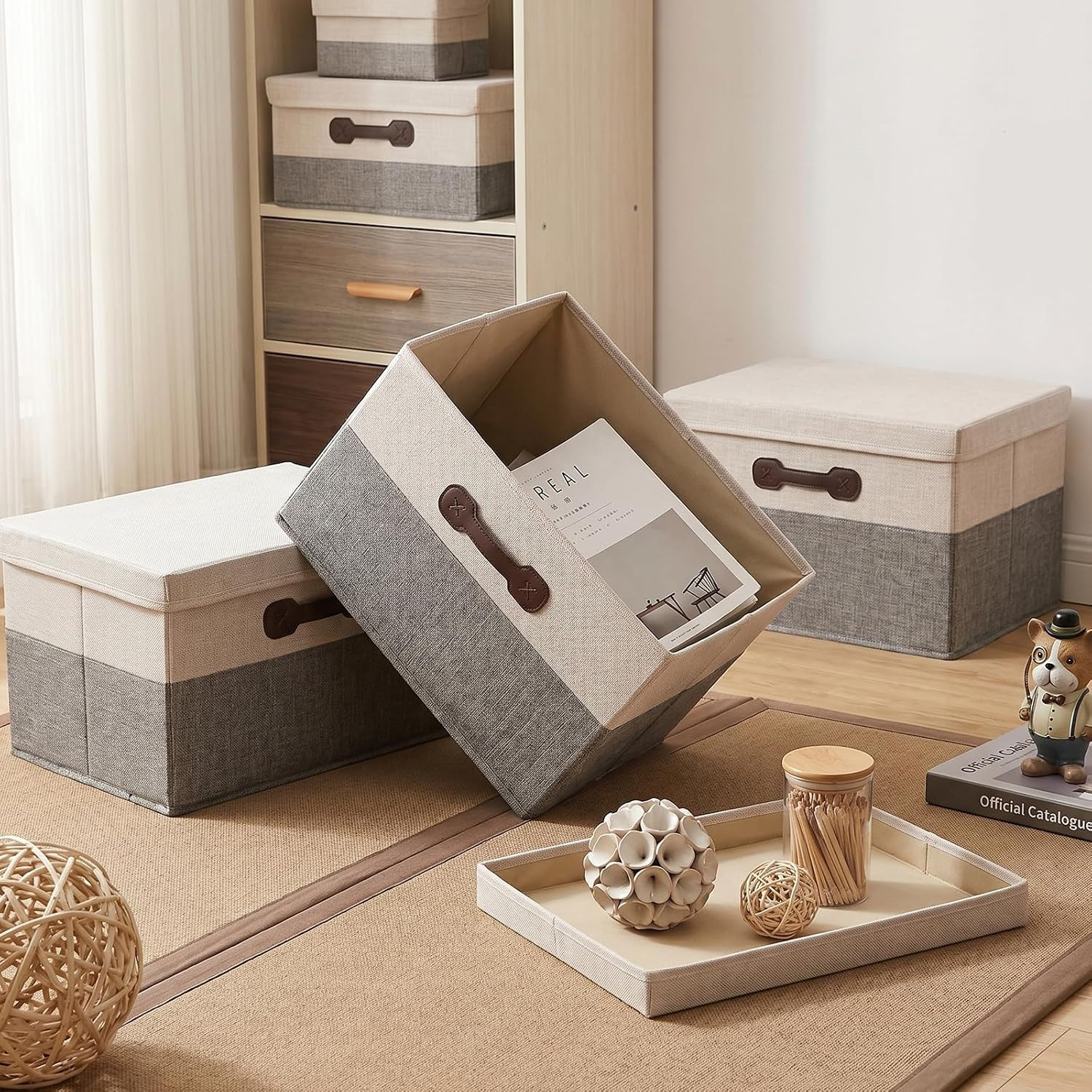 Large Foldable Storage Bins with Lids – 2 Pack Fabric Organizers in White & Gray