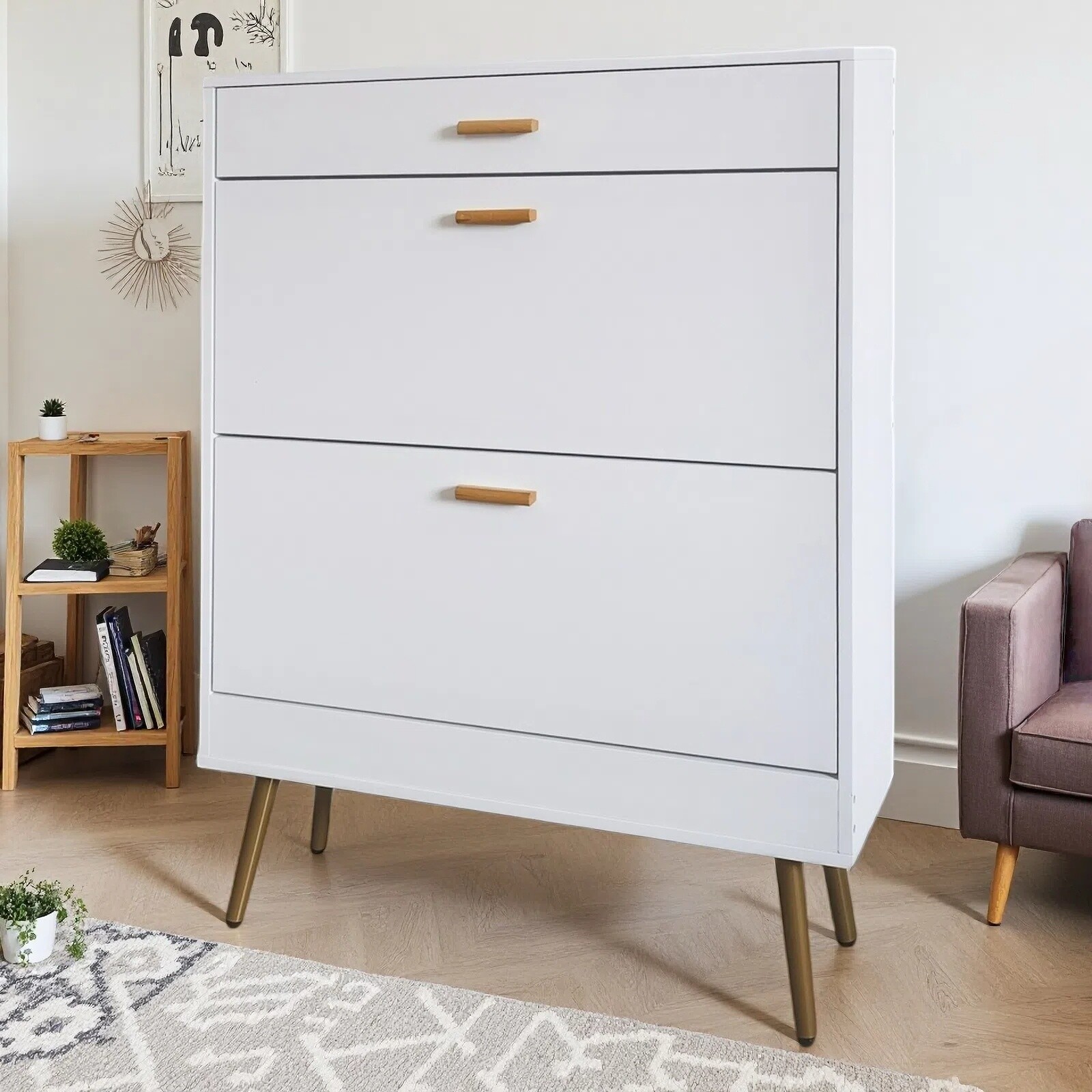 White 2 Flip Drawers Shoe Cabinet, Luxury Shoe Storage & Shoe Rack