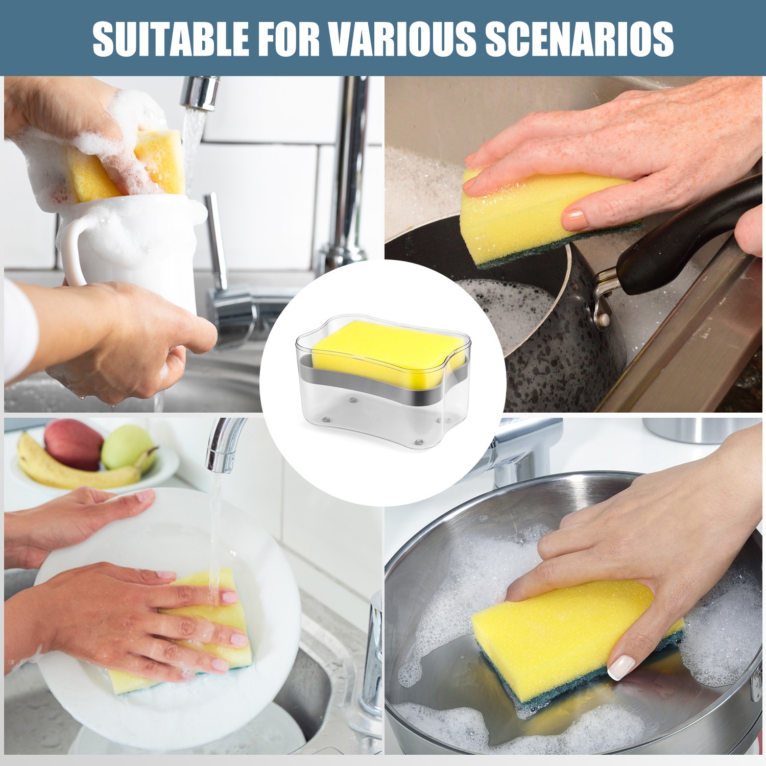 2-in-1 Kitchen Dish Soap Dispenser with Sponge Holder ABS Sink Organizer Rack x1