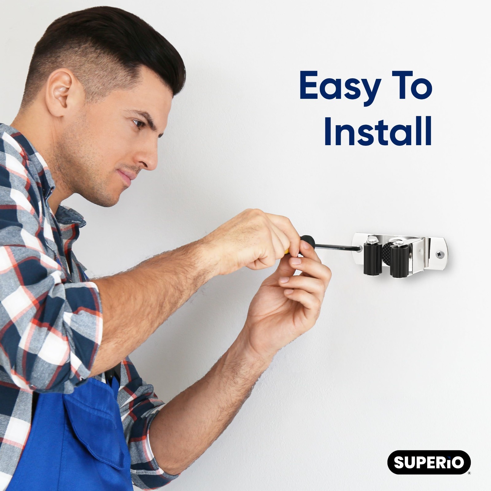 Superio Mop and Broom Holder, Wall Mount Heavy Duty, Single Piece Hooks Set