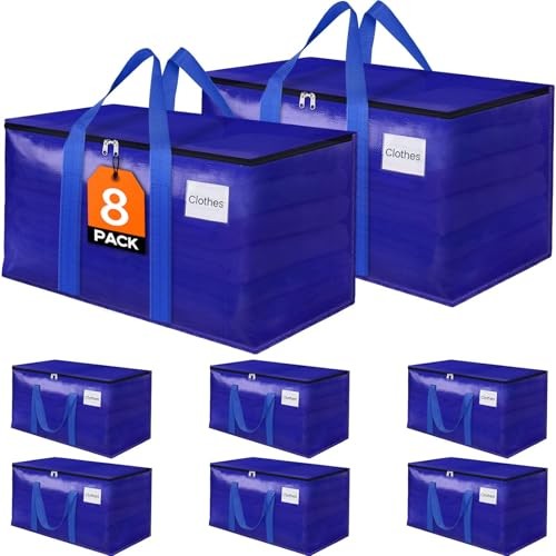 8 Pack Moving Storage Bags Heavy-Duty with Zippers and Reinforced 93L 8.0