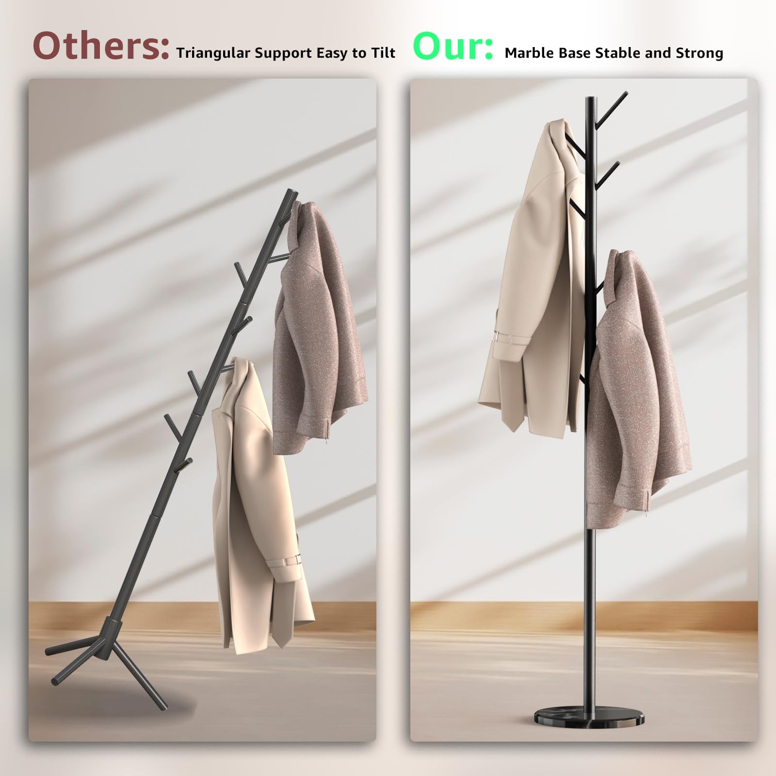 HzTinT Coat Rack with Natural Marble Base, 3 Adjustable 70 inches, Black