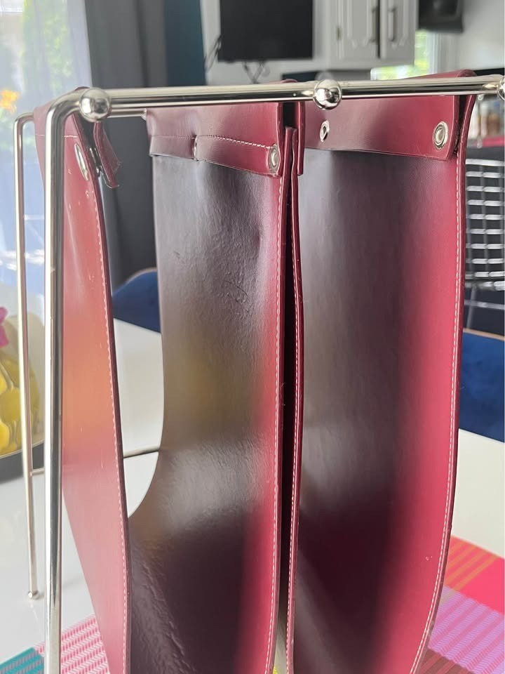 60s Jacques Adnet Style Leather Grain Vinyl Chrome Magazine Rack