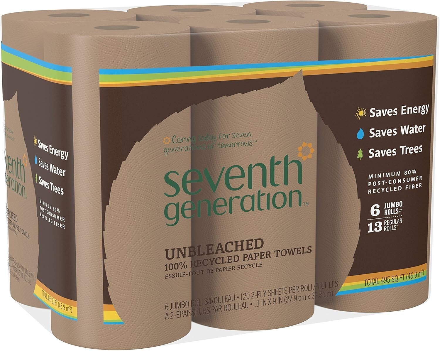 Seventh Generation Unbleached Paper Towels, 100% Recycled Paper, 6 Count