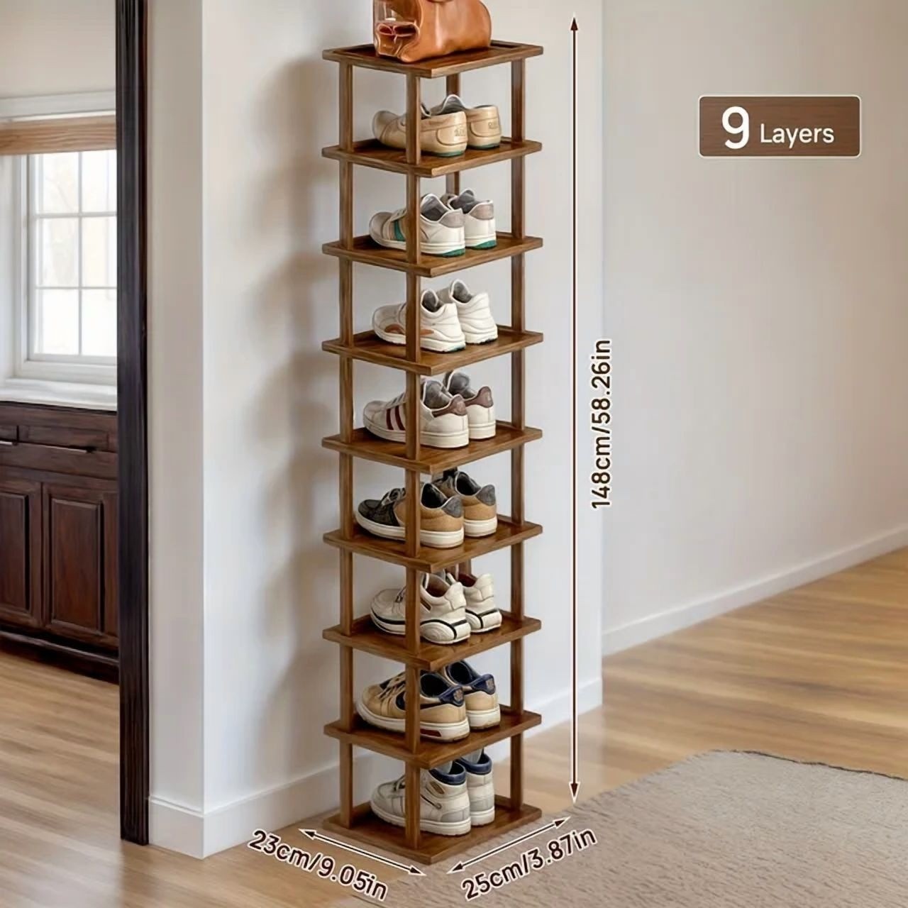 9-Tier Bamboo Vertical Shoe Rack Tall Narrow Space Saving Organizer Entryway