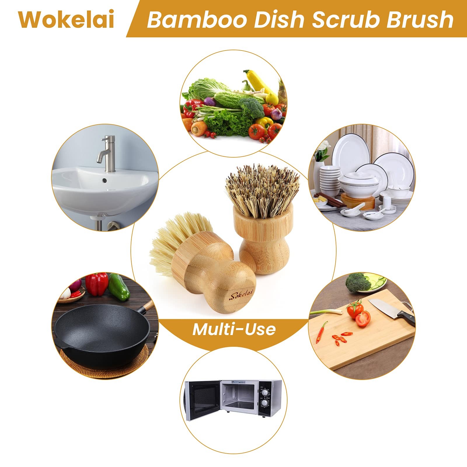 Bamboo Dish Scrub Brushes Set for Kitchen – Wooden Large (Pack of 2), Beige