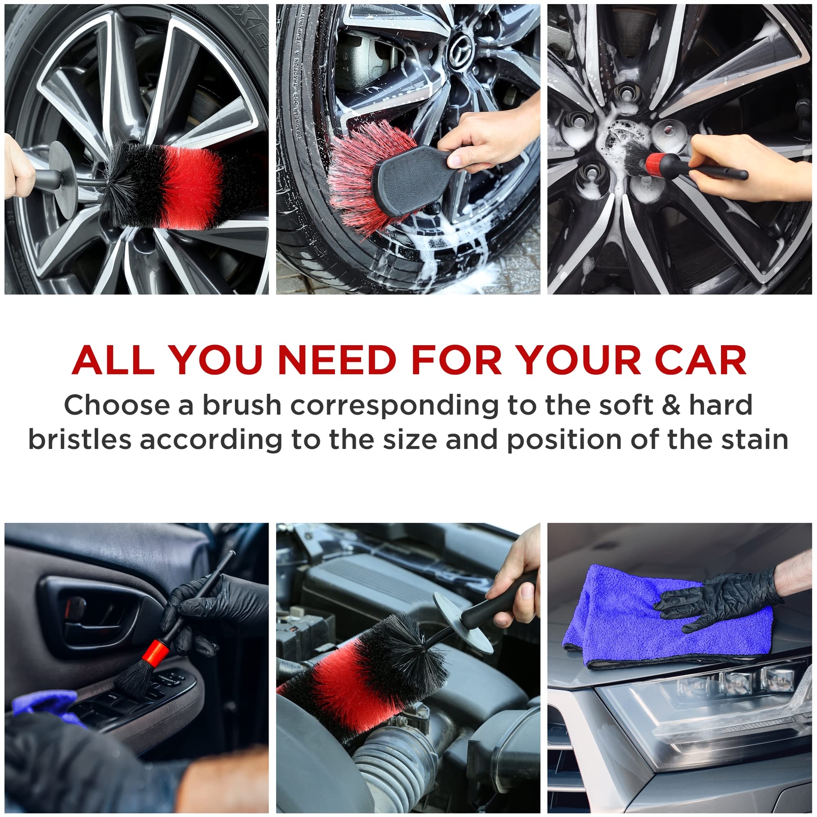 Wheel Tire Brush Set Car Detailing Kit 8pcs By 17″ Long Soft Bristle Wheel Brush