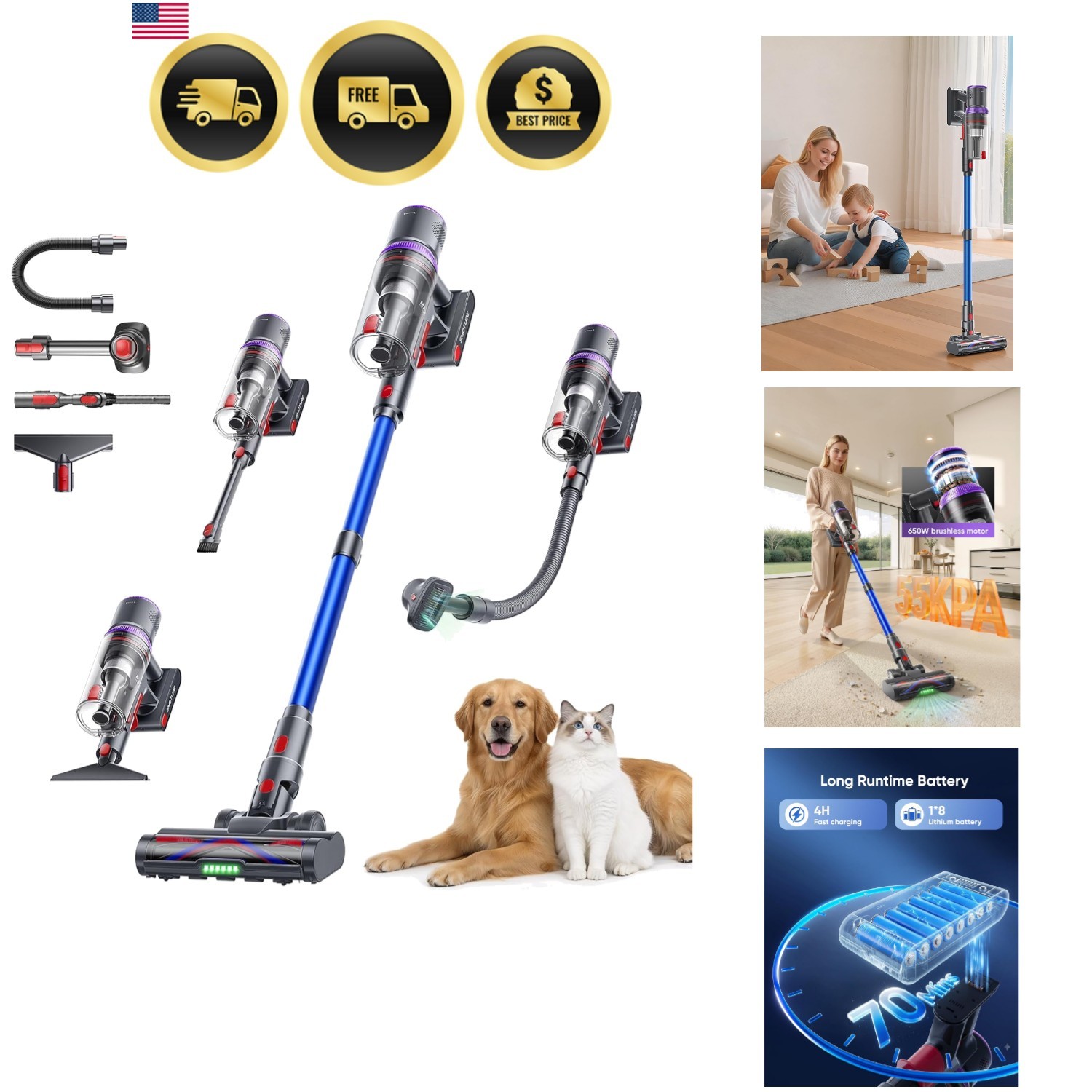 Cordless Vacuum Cleaner 650W 55KPA 70Mins Suction Pet Hair Carpet Floor