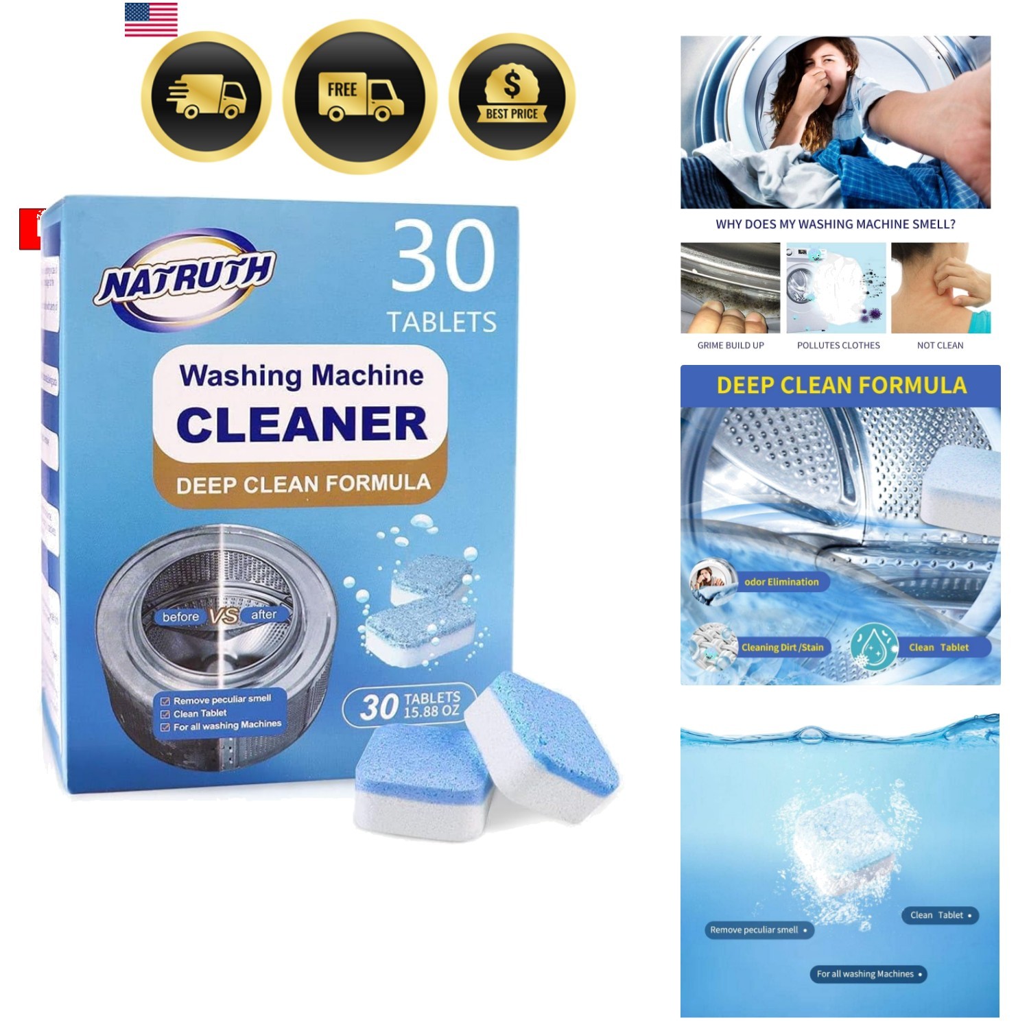 30 Pack Washing Machine Cleaner Tablets, Solid Washer Deep Cleaning Tablet, C…