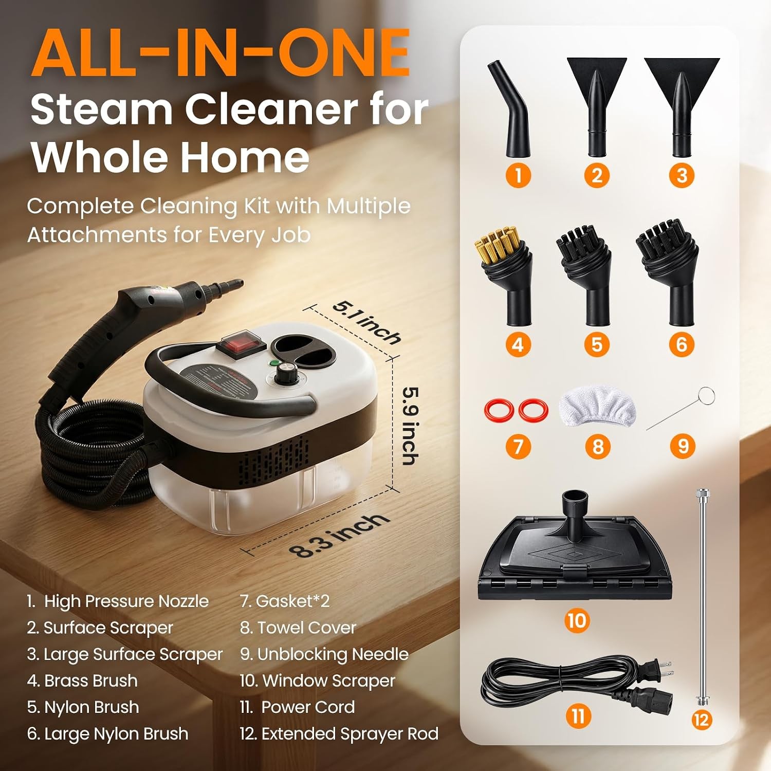Portable Steam Cleaner, High Pressure Steamer Machine for Home & Vehicle 2500W