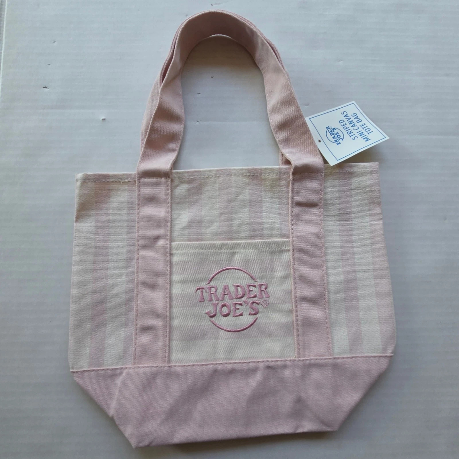 Trader Joe’s MINI Canvas Reusable Bag, with Off White or Tan, LIGHT PINK STRIPES