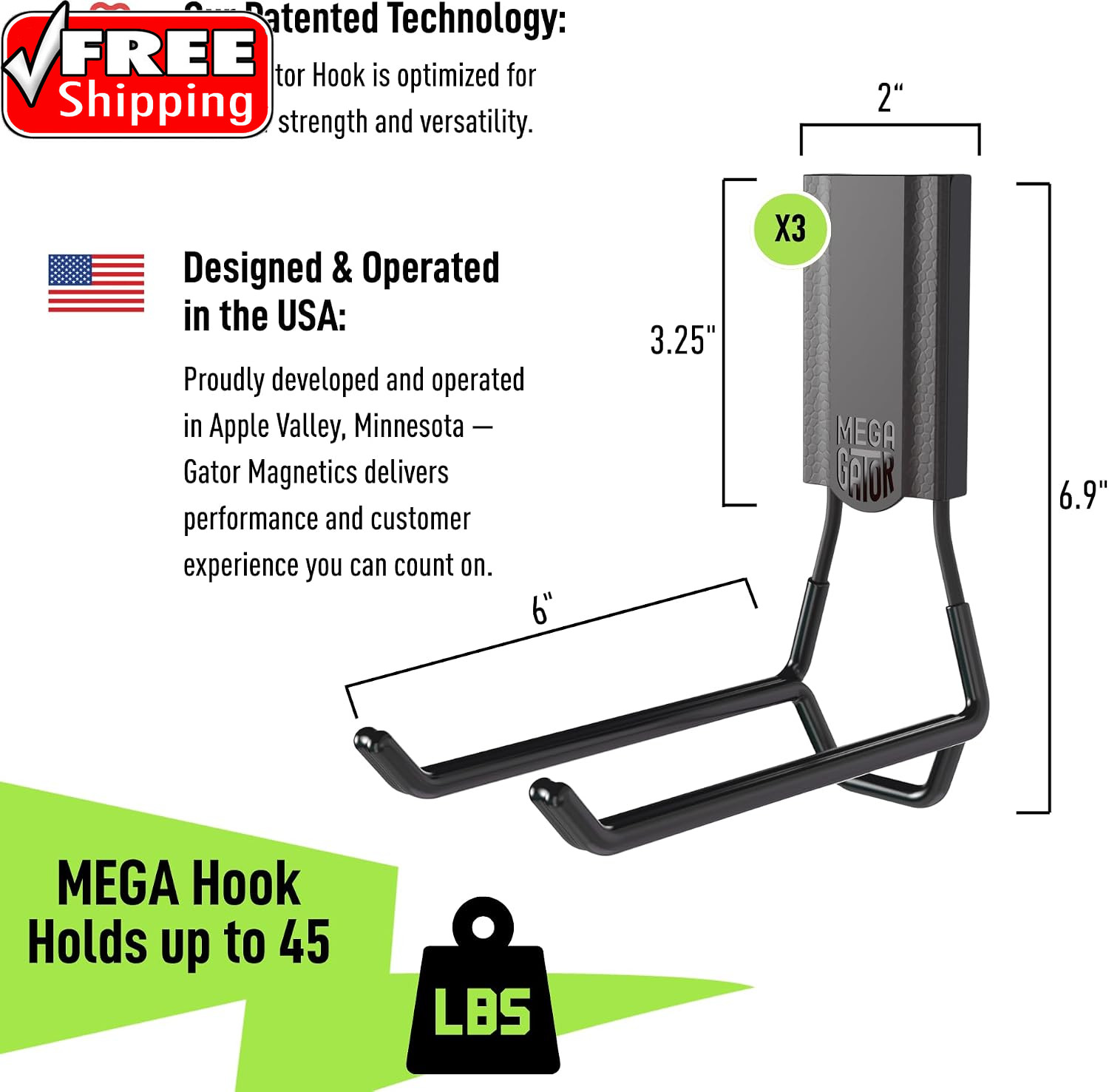MEGA 6 in Open Hooks, 45 Lb Heavy Duty Magnetic Hooks for Steel Surfaces, Patent