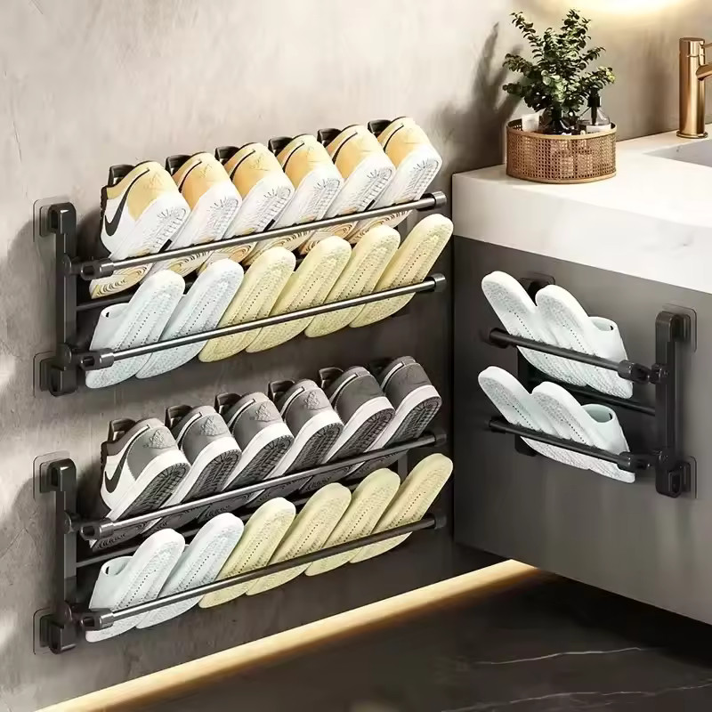 1PCs Wall Mounted Bathroom Shoe Rack Folding Storage Rack