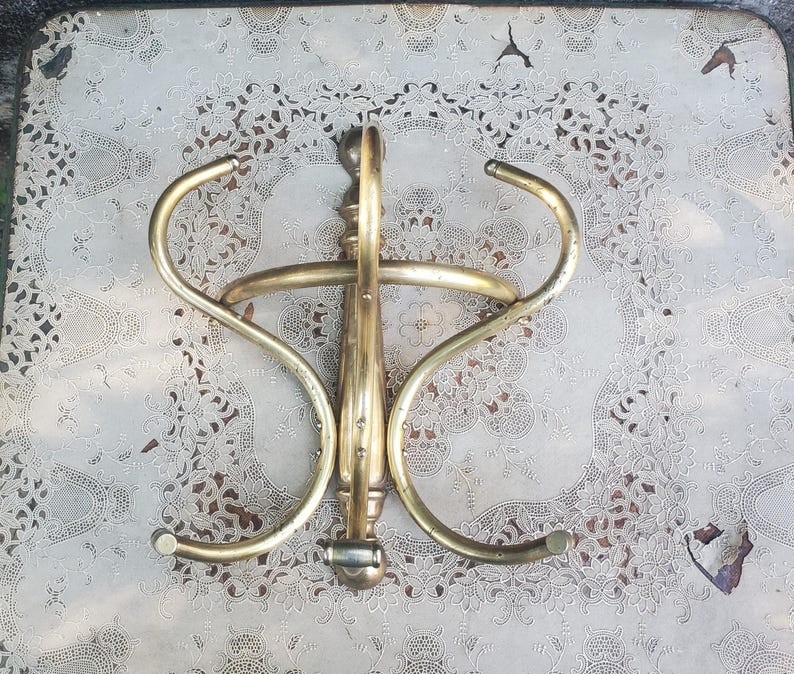 Vintage Brass Coat Rack Art Nouveau Barbershop Style Wall Hooks MCM Regency