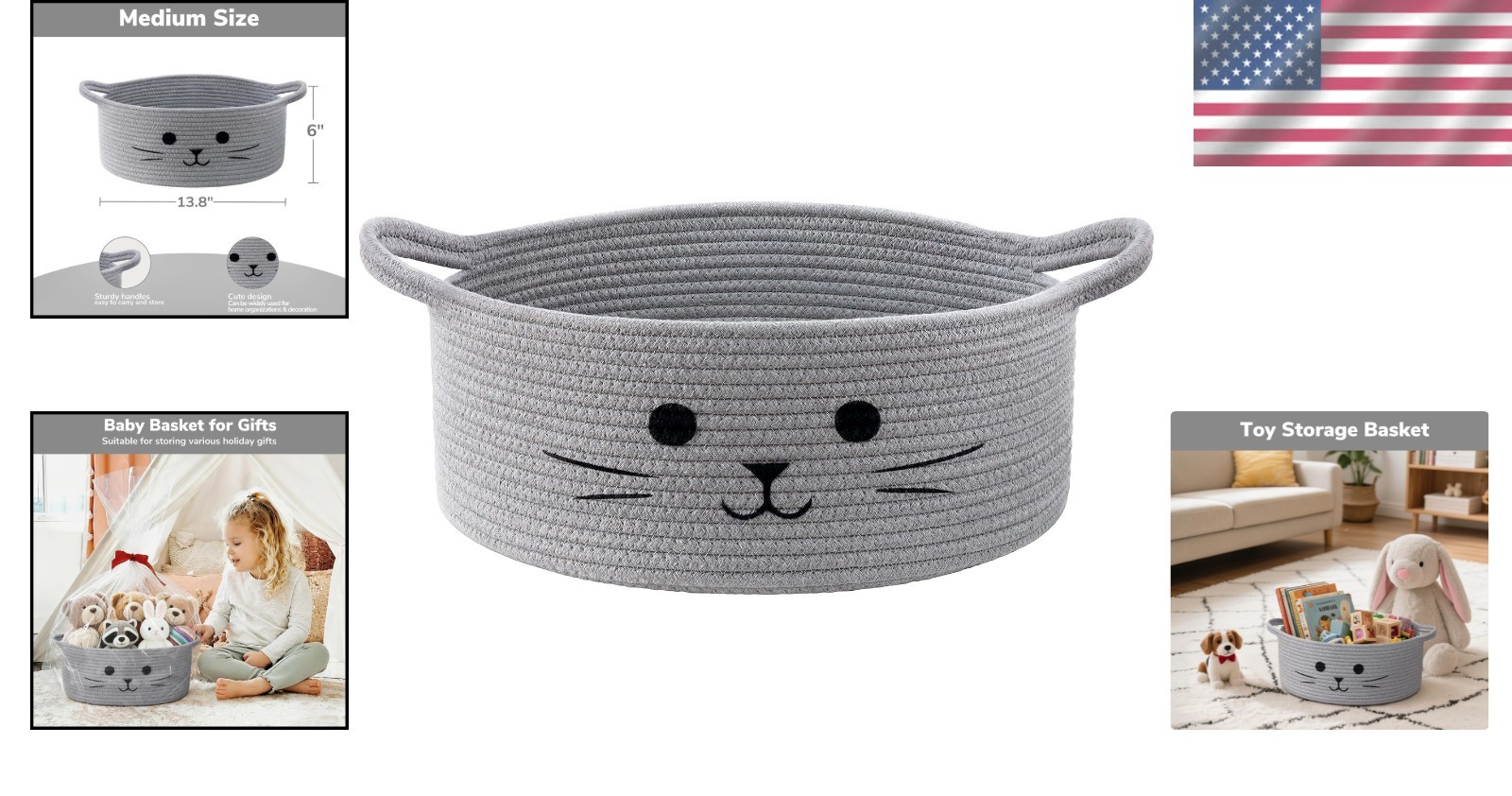 Adorable Hand-Embroidered Cat Toy Basket – 13.8″ x 6″ for Stylish Home Storage