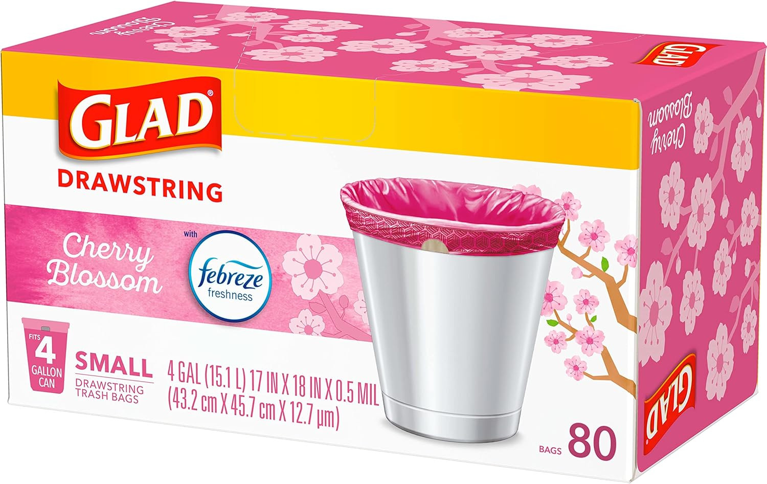Odorshield Small Drawstring Trash Bags, 4 Gal, Pink, Cherry Blossom, 80 Ct, Pack