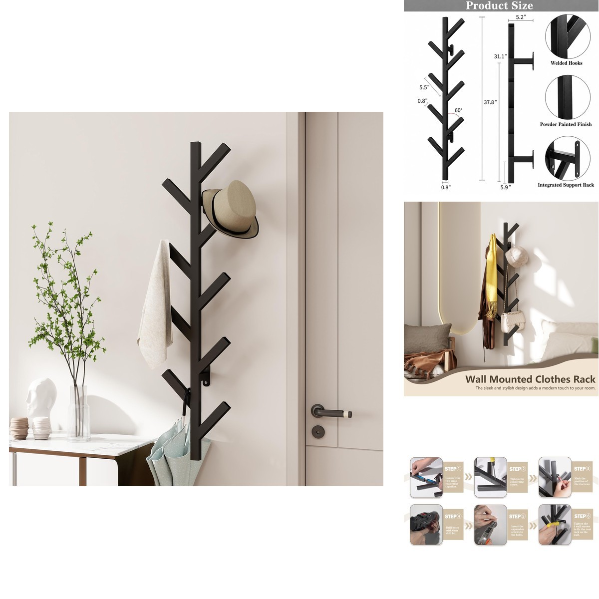 Vlush Wall Mounted Metal Coat Rack 9 Hooks Modern Minimalist & Upright Coat