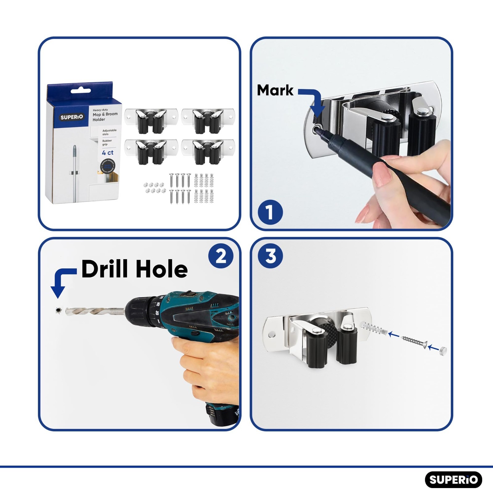 Superio Mop and Broom Holder, Wall Mount Heavy Duty, Single Piece Hooks Set