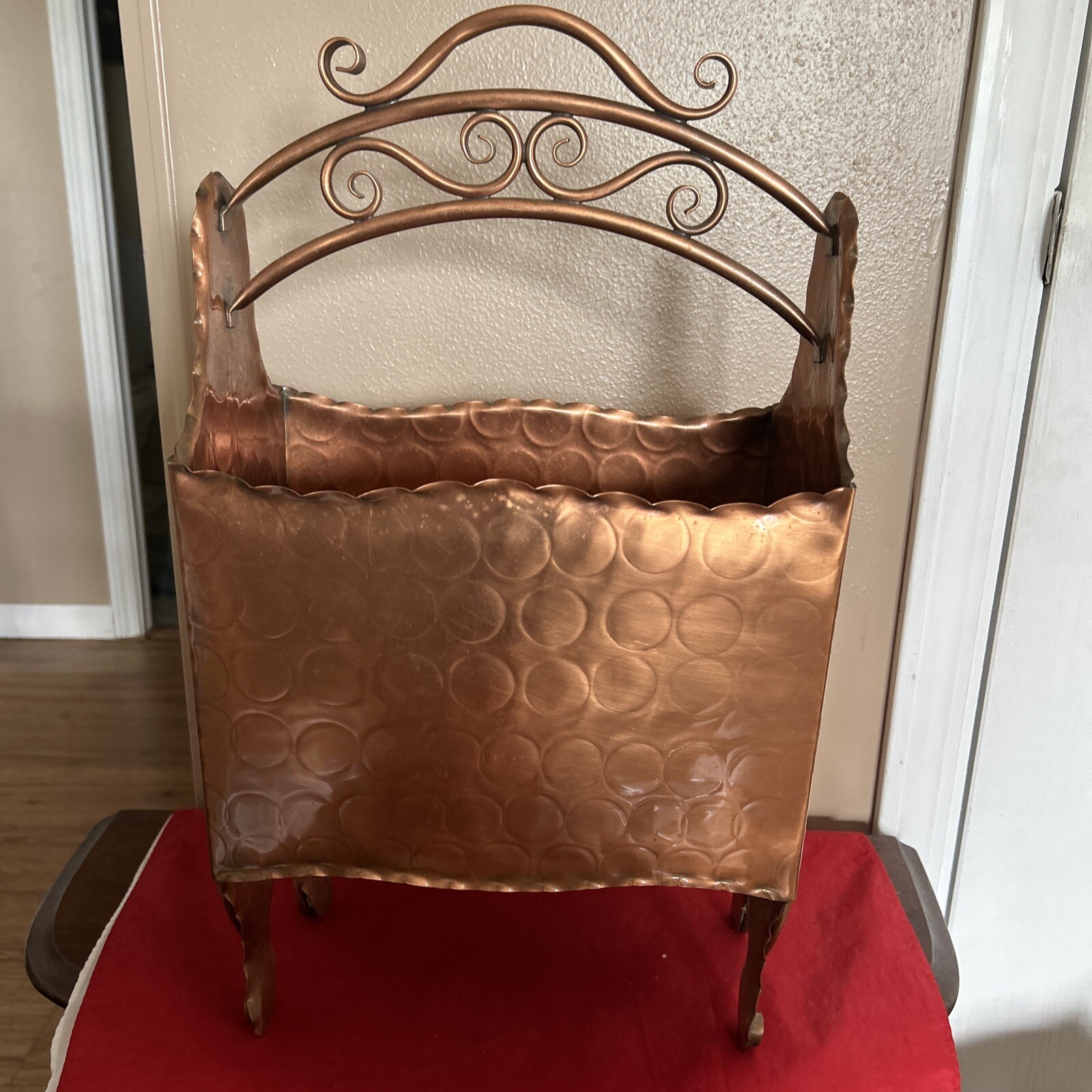 Vintage Art Deco Copper & Metal Ornate Magazine Rack/ Wood Holder