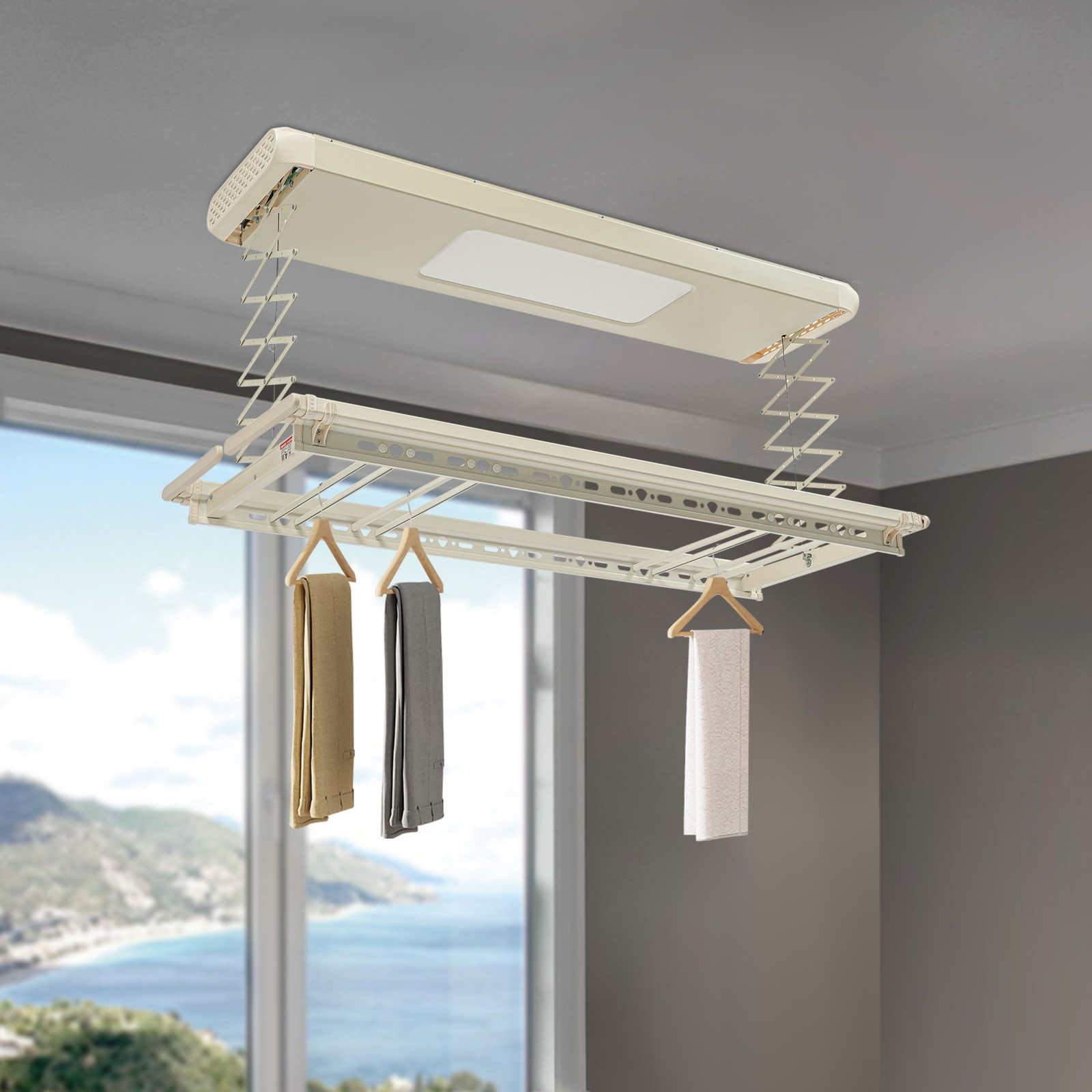 Electric Retractable Airing Rack Clothes Drying Rack W/ Remote Control & Light