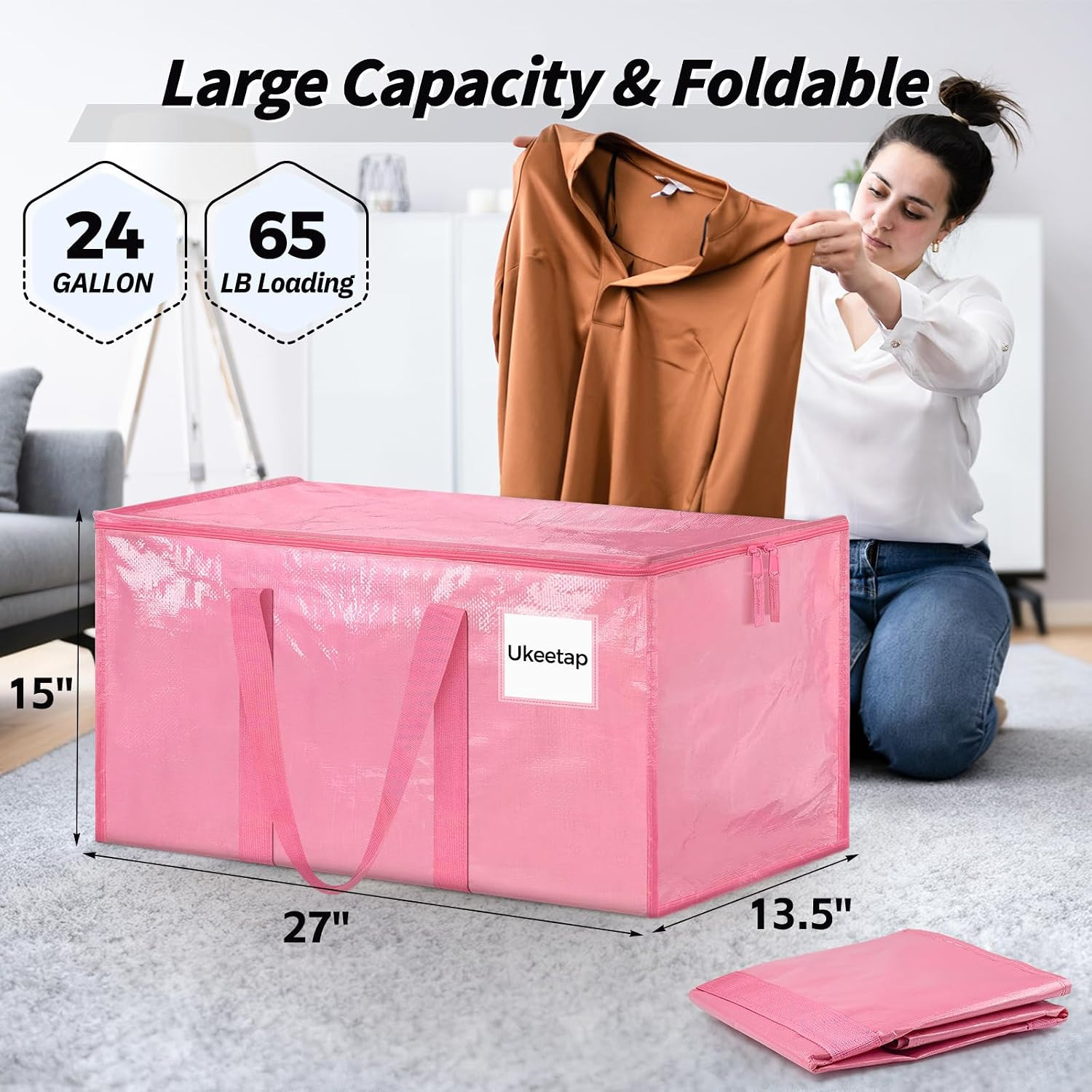 16 Pack Extra Large Clothes Storage Bins with Lids, Moving Bags, Pink | Storage