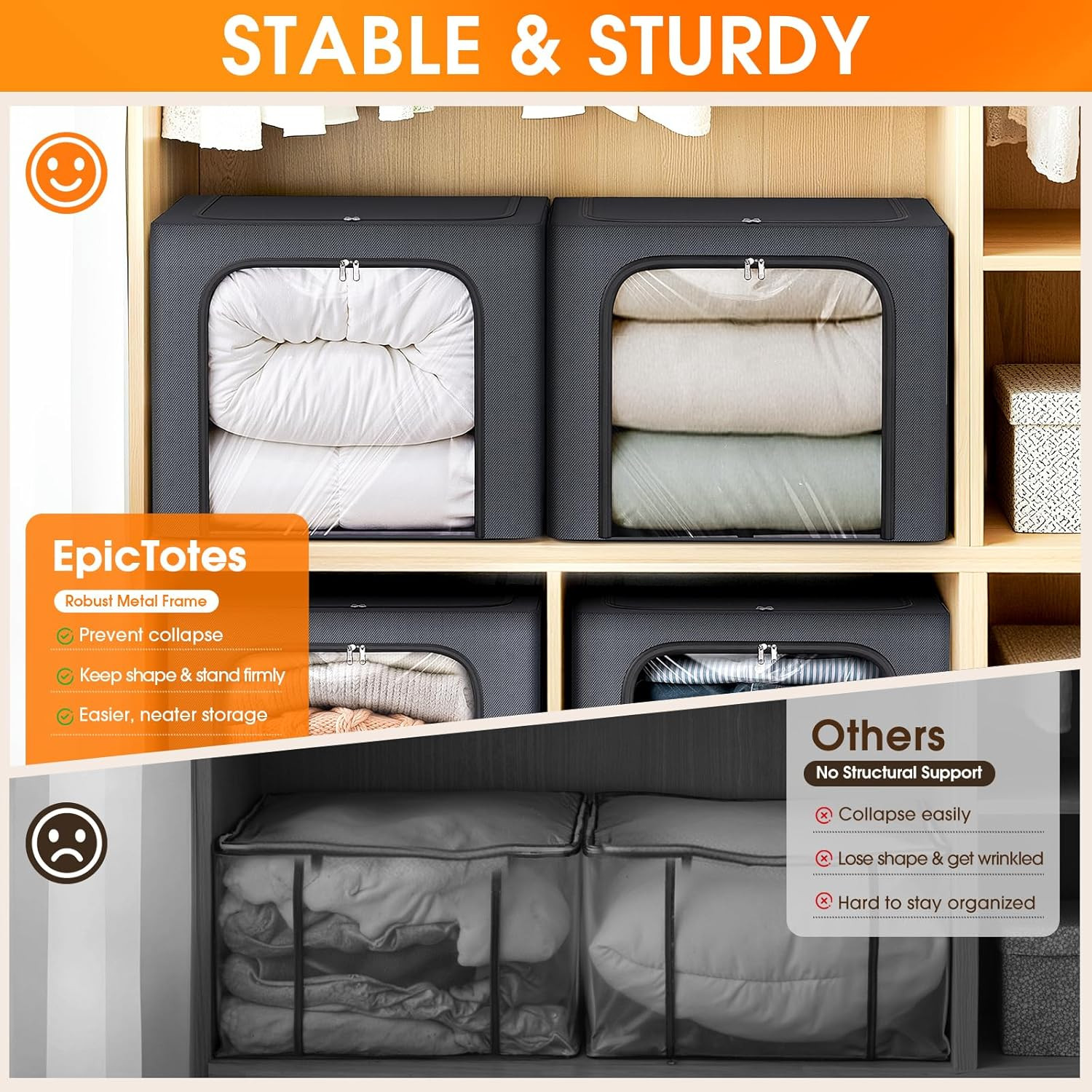 4 Pack Clothes Storage Bins with Metal Frame, Light Grey, 40L | Foldable Storage