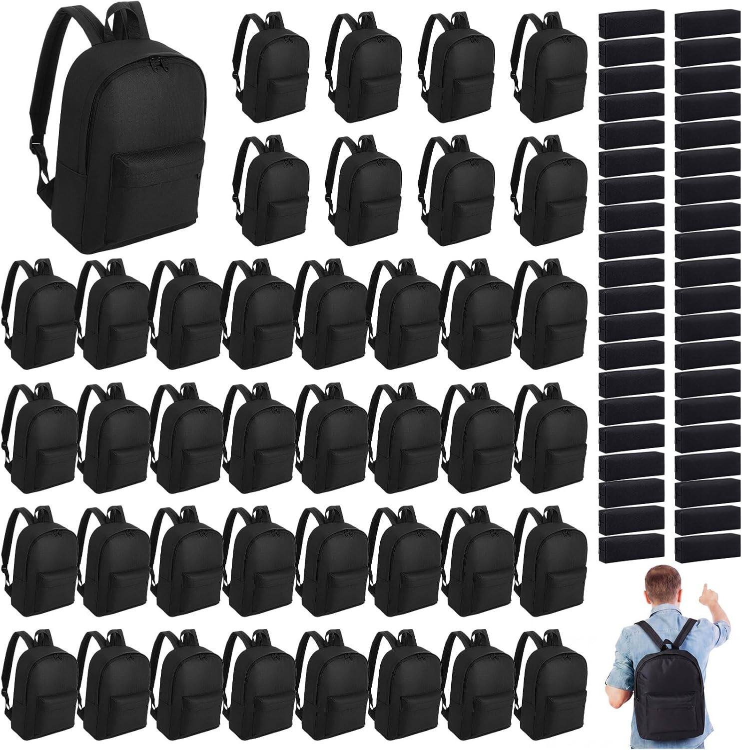 Bulk 80 Pcs Black Oxford Backpacks & Zipper Pouches for Travel & Daily Use