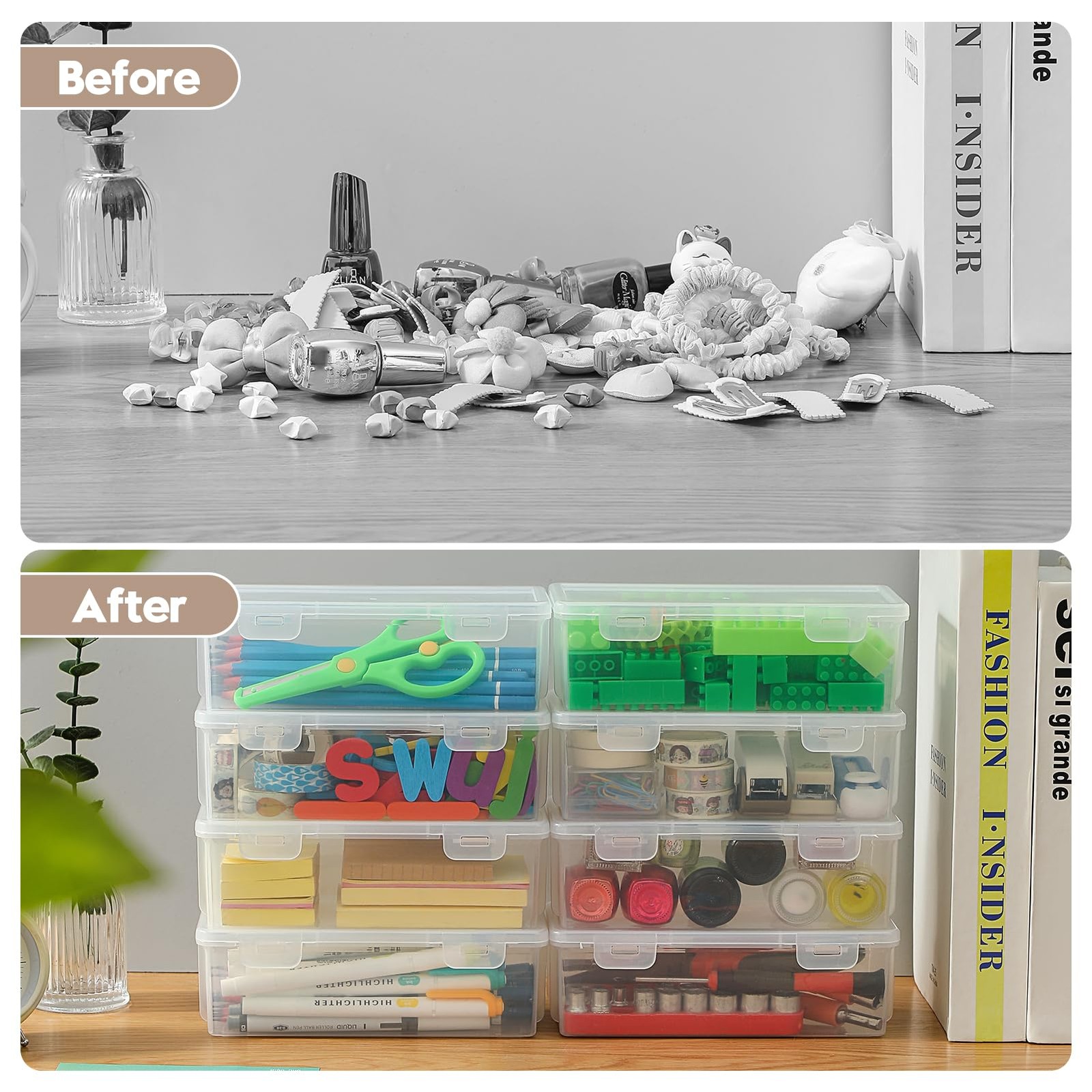 Clear Translucent Pencil Cases and Pencil Boxes, 8-Pack Stackable Plastic Pen…