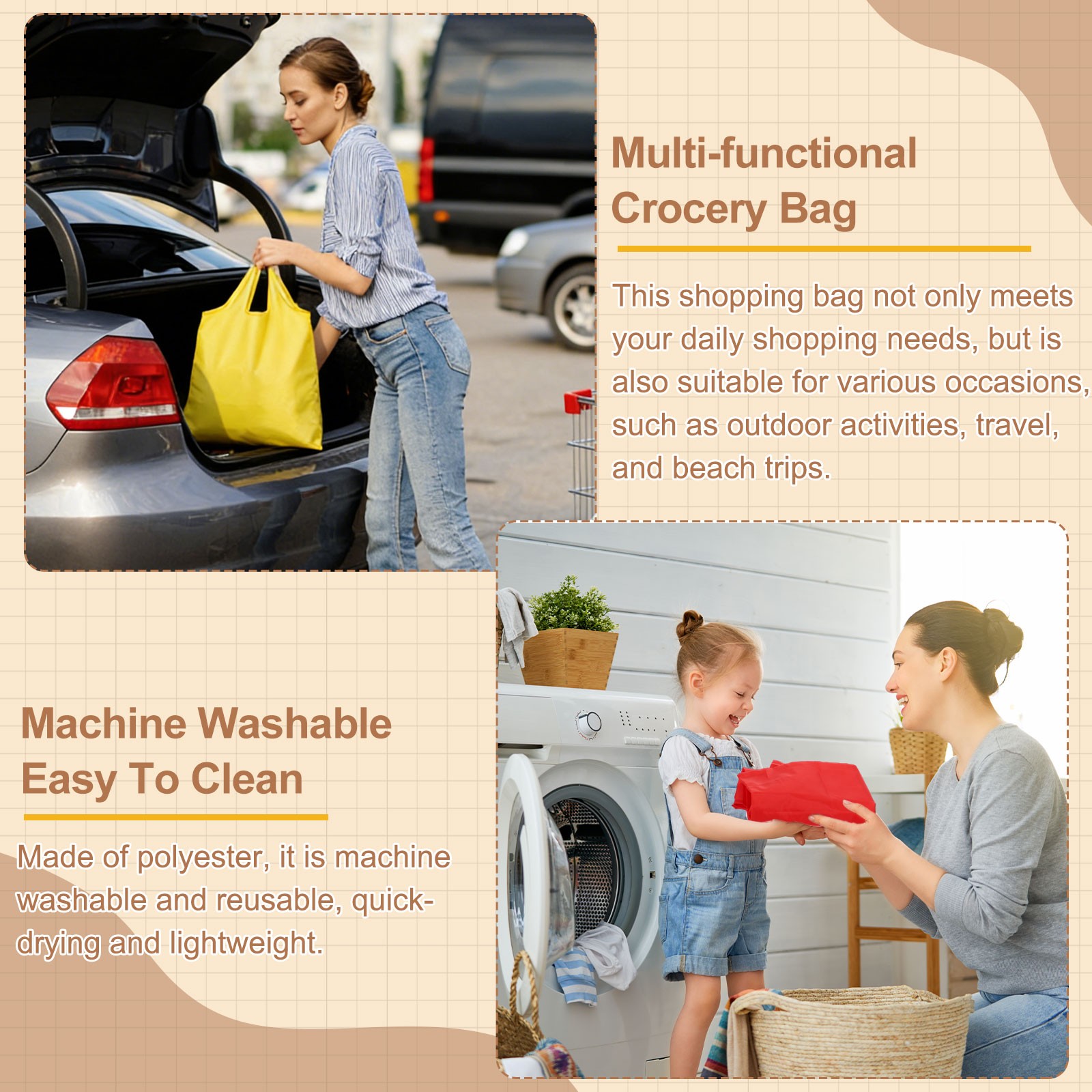 4 Pack Foldable Travel Bag with Handles Washable Shopping Tote Pouch Black