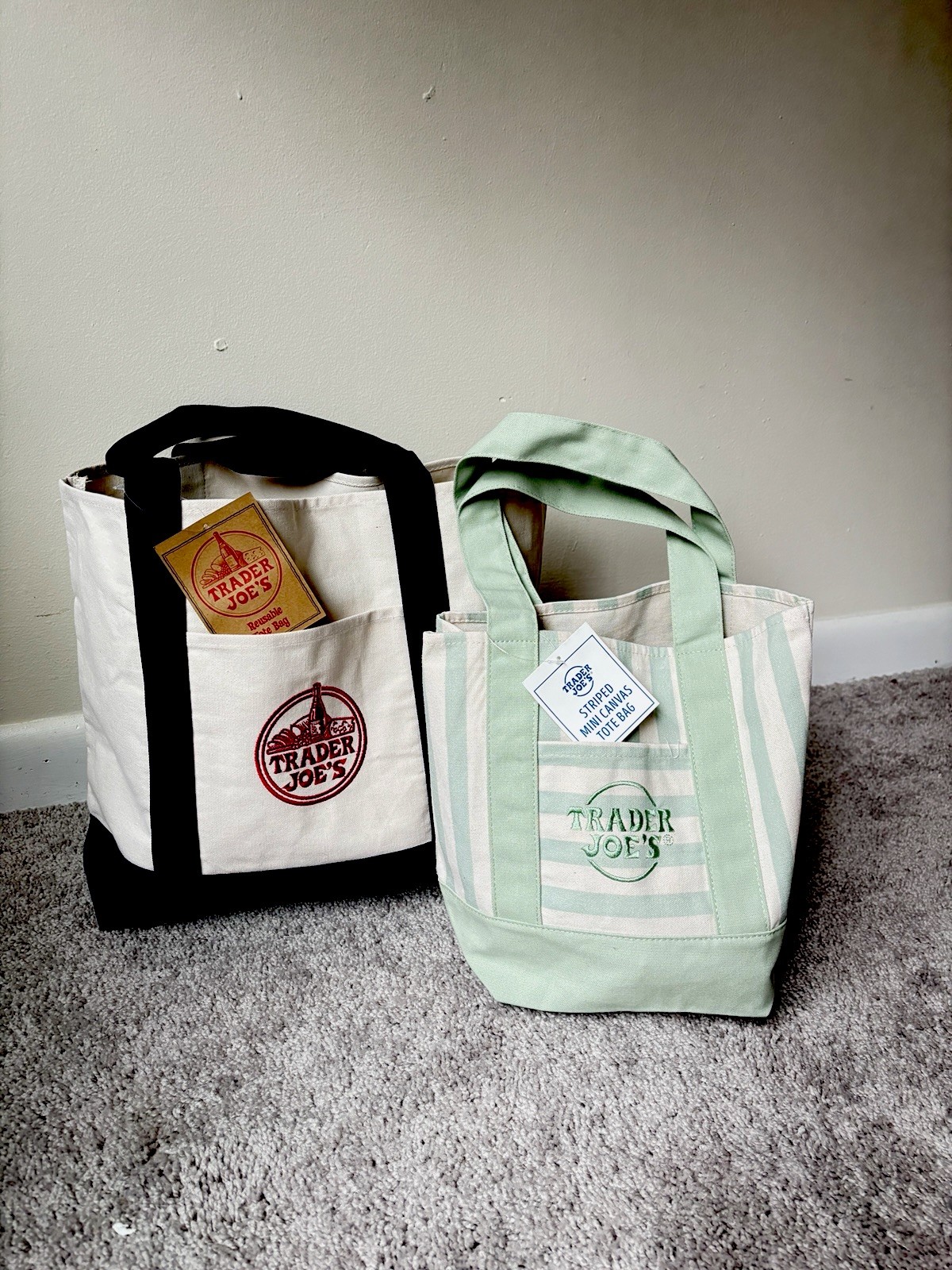 💚 2 Pack Most Sold NEW Trader Joe’s Canvas Navy Blue/Stripe Green MustHave Tote