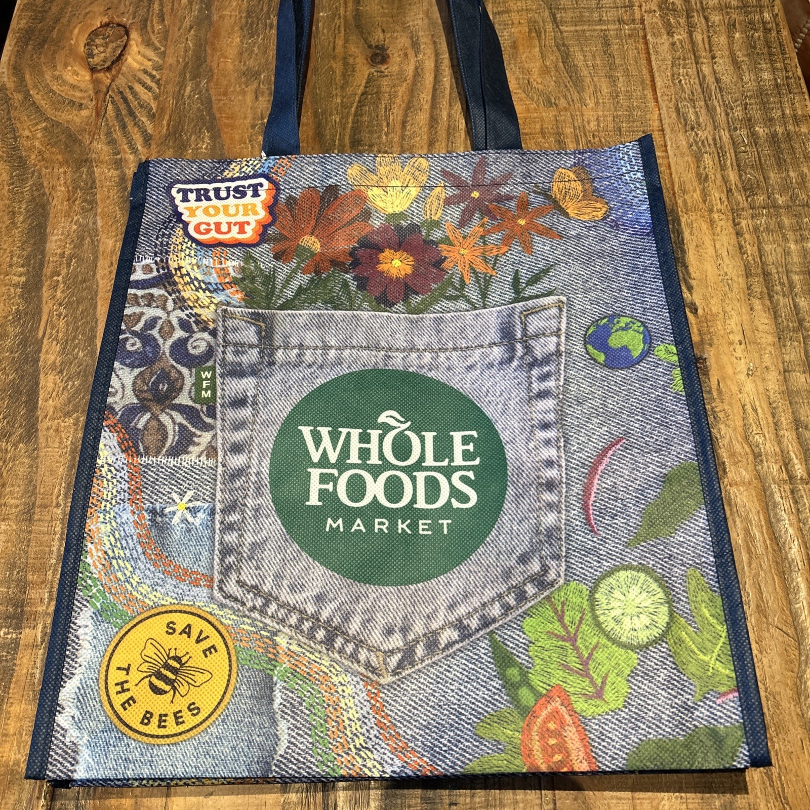 NWT New!! Whole Foods reusable Bag Fun Denim Embroidery Boho Large Machine Wash