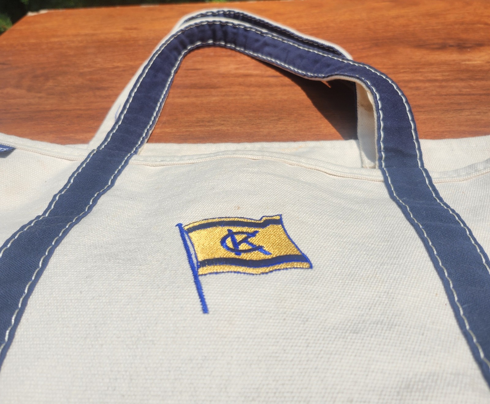 Vintage Lands’ End Canvas Tote Bag Heavy Duty White/Blue USA Nice