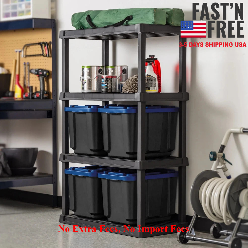 IRIS USA 12 Gal, Stackable Storage Totes, Plastic Bin with Lids, Black/Blue, 4PK