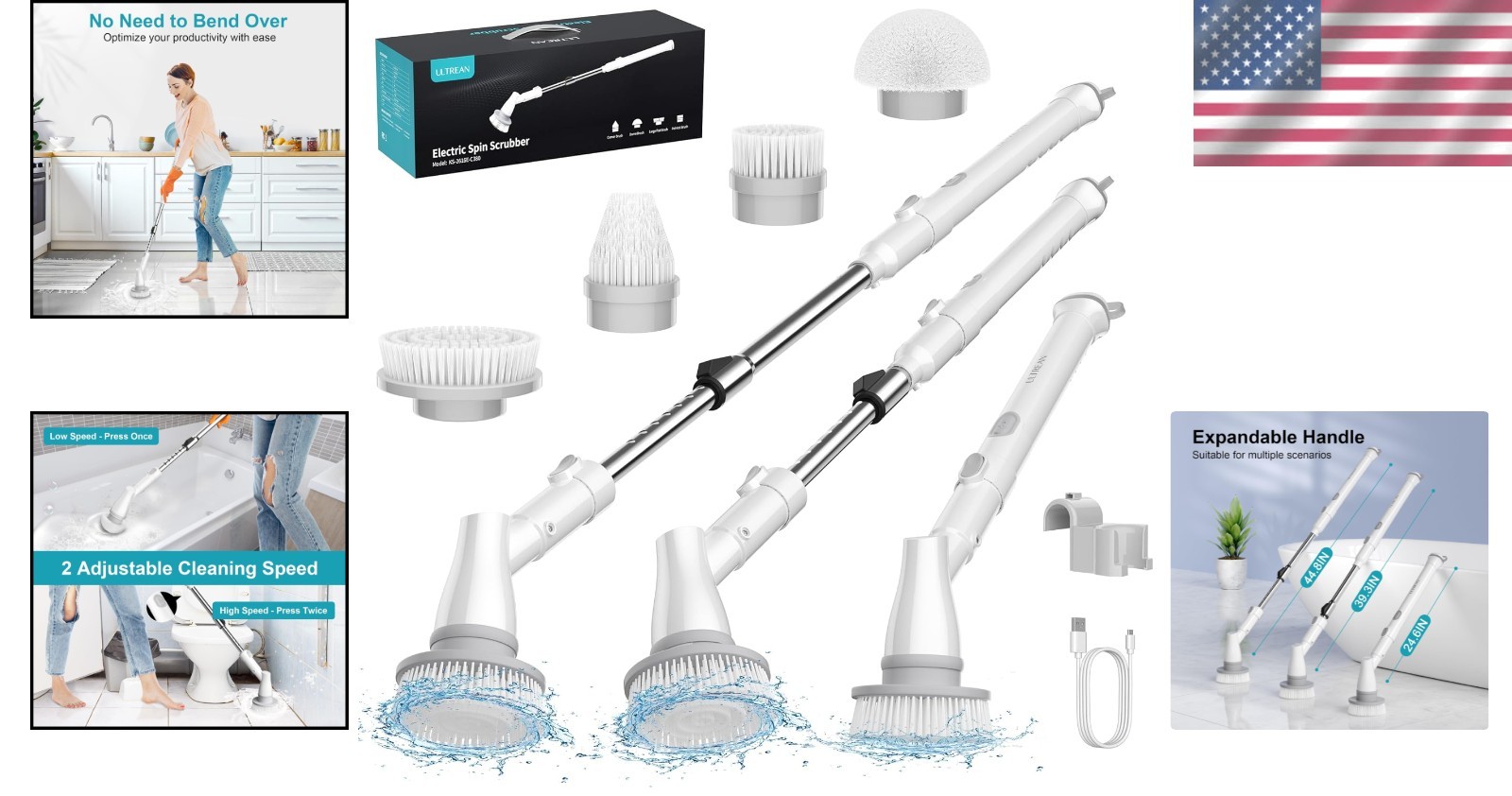Rechargeable Electric Spin Scrubber for Tub, Tile & Floor with Adjustable Length