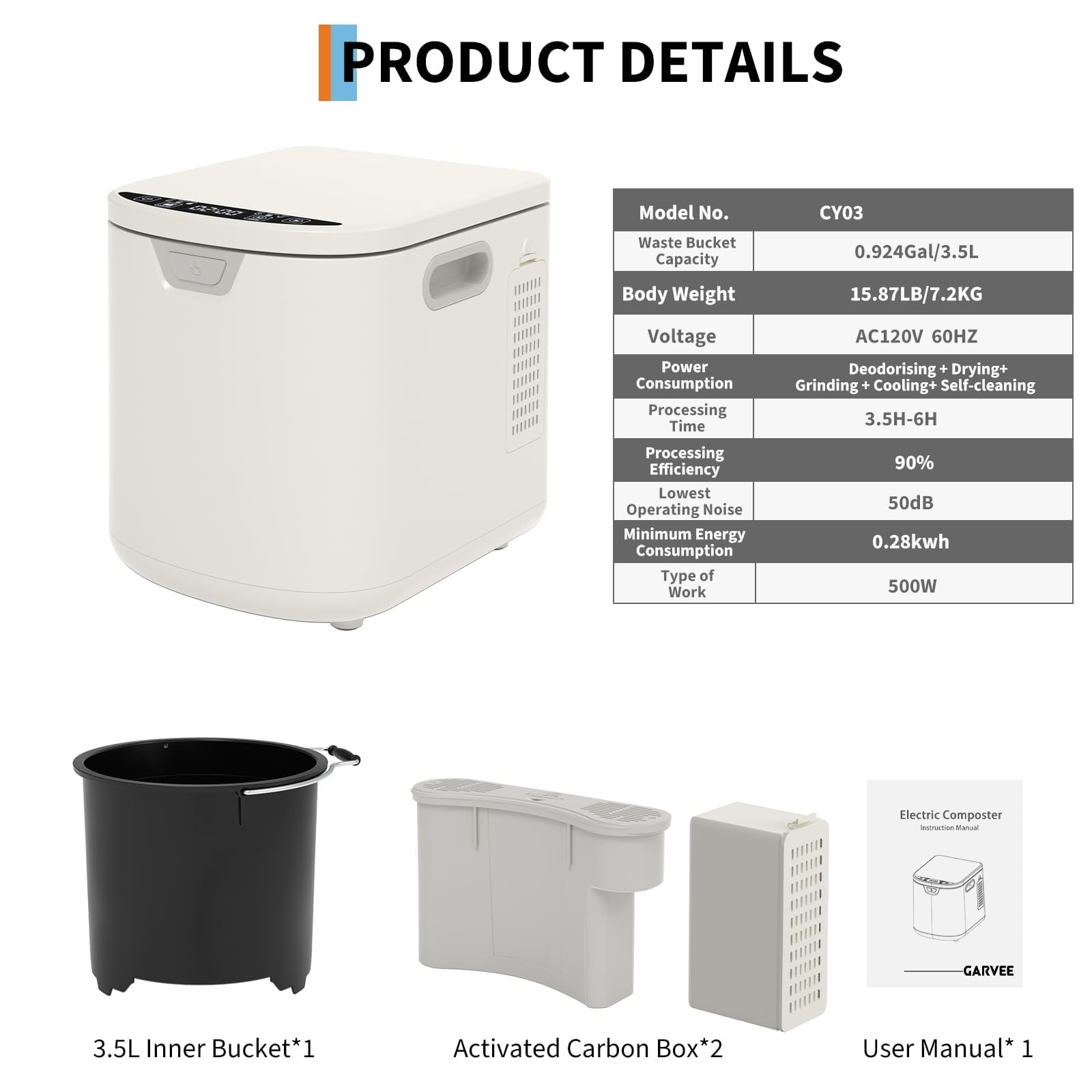 3.5L Fully Automatic Kitchen Compost Bin,Indoor Electric Food 3.5L, White