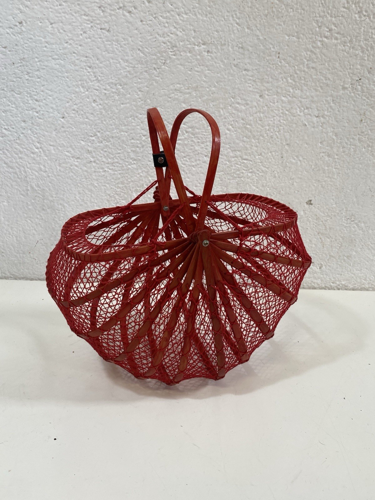 Vintage Bamboo Red Folding Japanese Boho Net Basket Bag 36cm