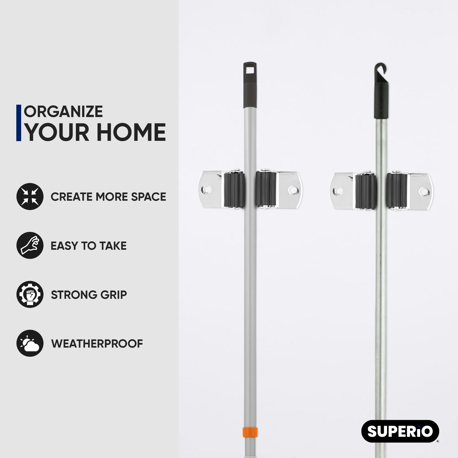 Superio Mop and Broom Holder, Wall Mount Heavy Duty, Single Piece Hooks Set