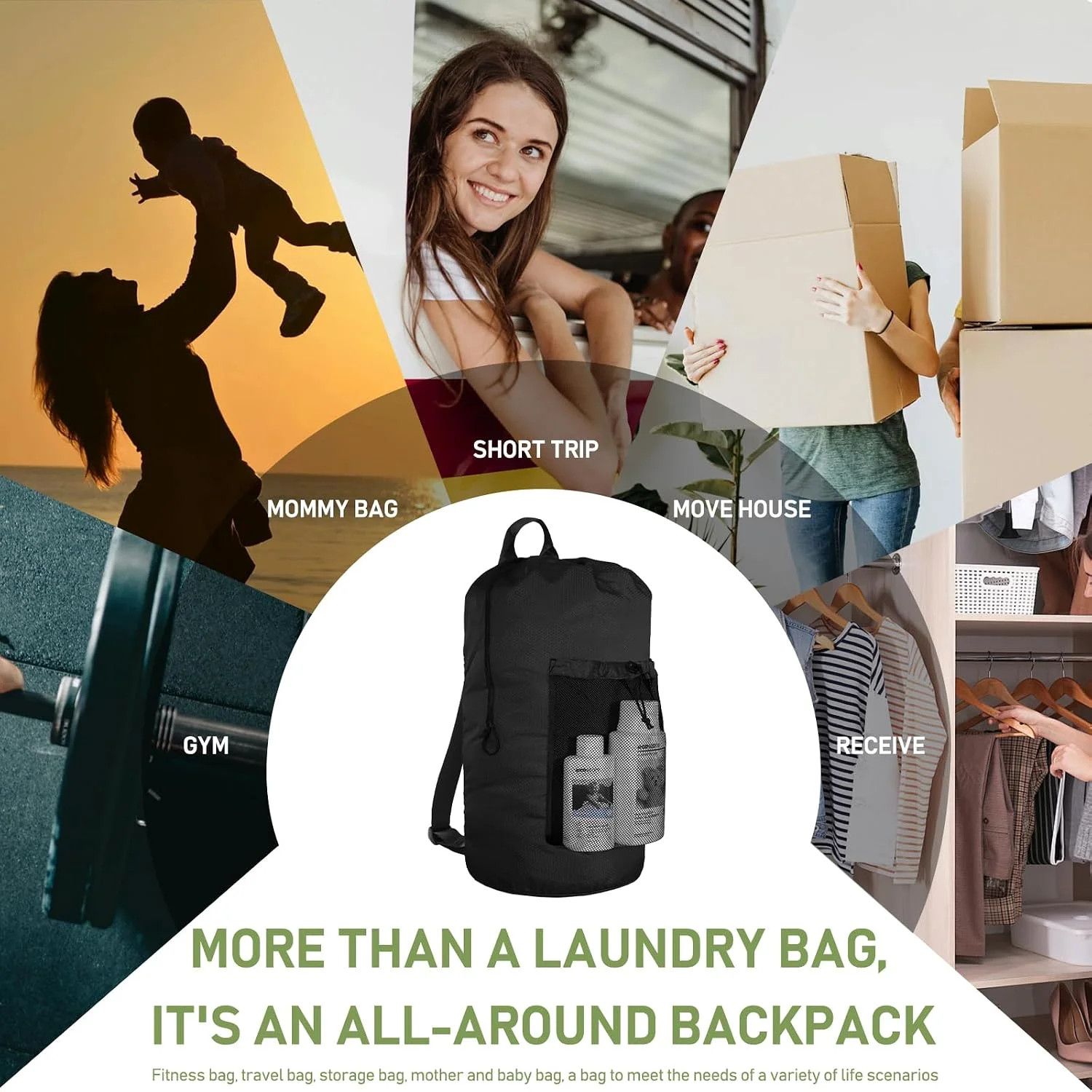Large Laundry Bag Backpack Shoulder Straps Mesh Pocket Travel College Dorm Black
