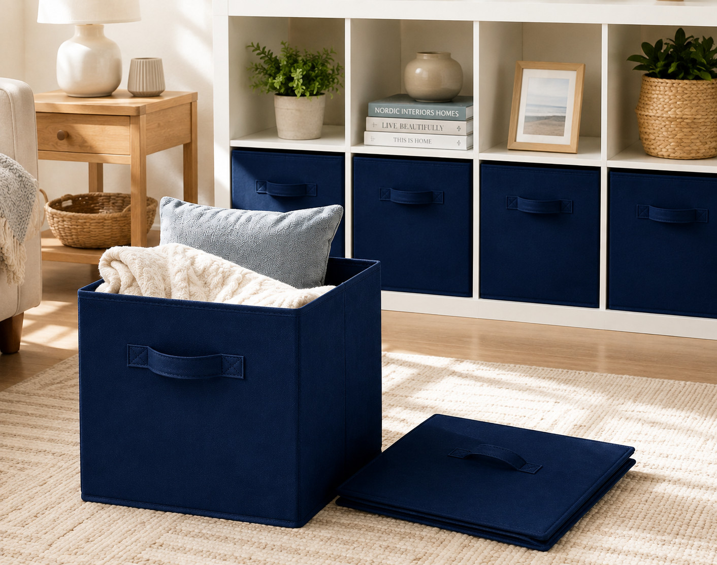 2 Pack Navy Blue Collapsible Storage Bins Fabric Cube Organizer Baskets Handles