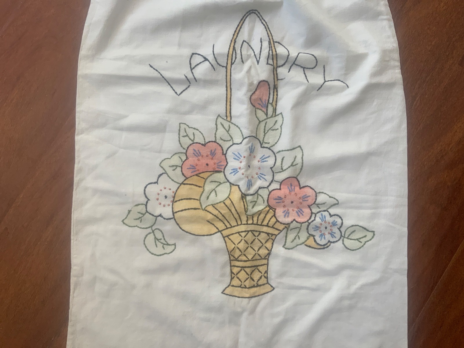 Vintage Homemade Cotton Laundry Bag 50s Hand Stitched Flower basket 29.5×17.5”