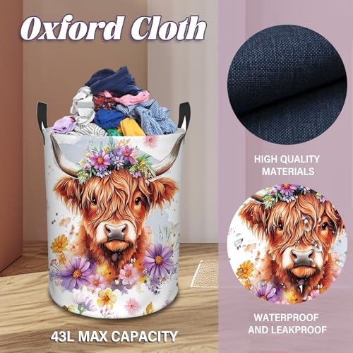 Highland Cow Laundry Basket, 43L Round Oxford Cloth Flower Highland Cattle
